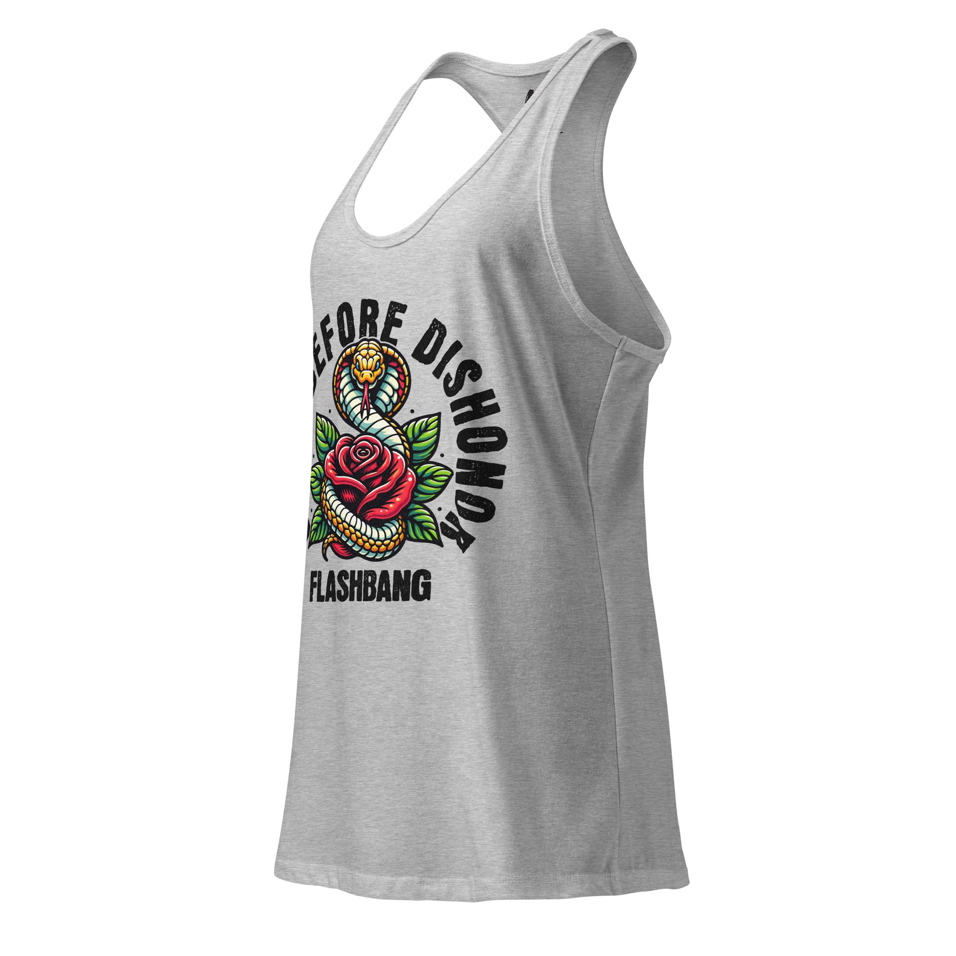 Gray tank top with a graphic design and text on a white background