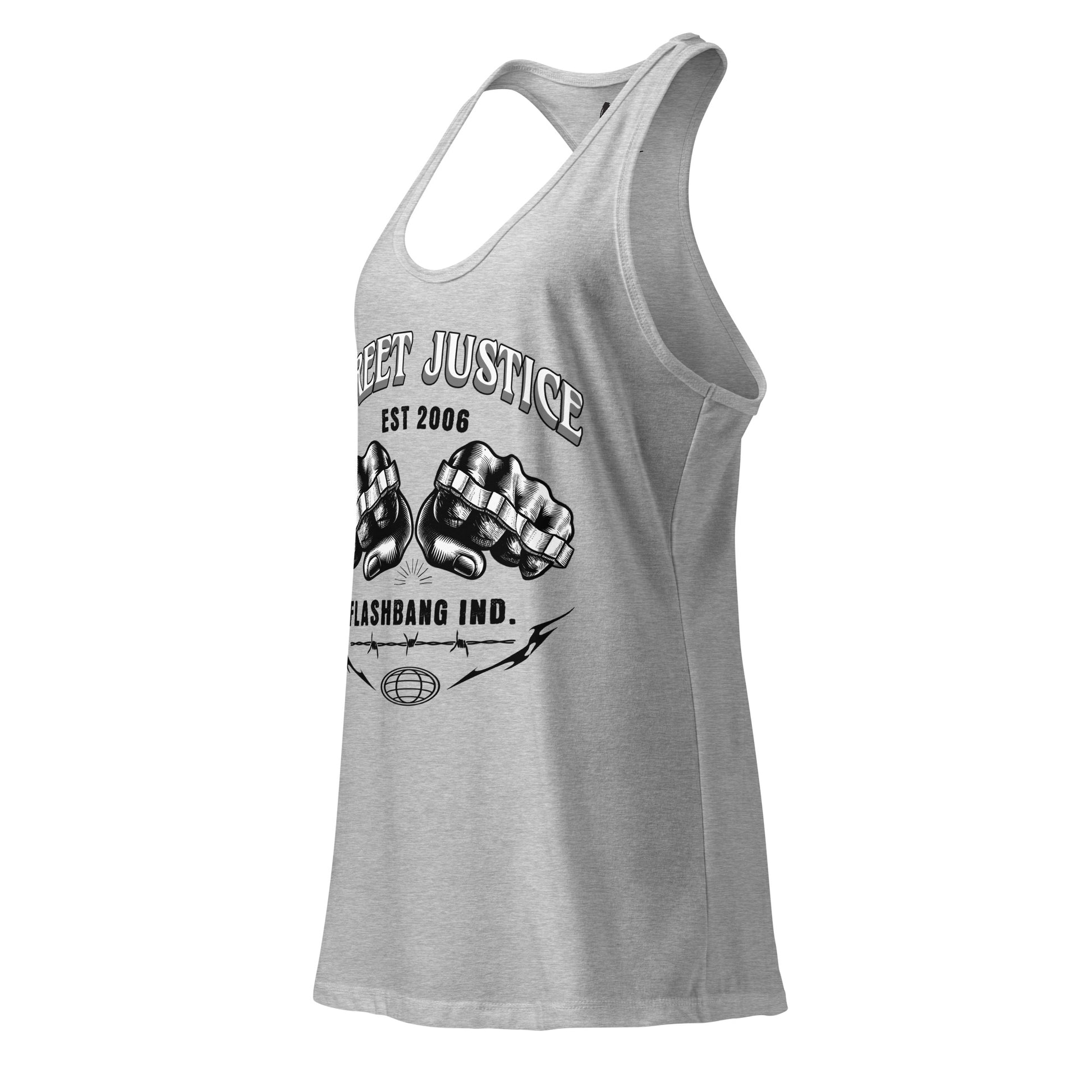 Gray tank top with graphic design and text on a white background
