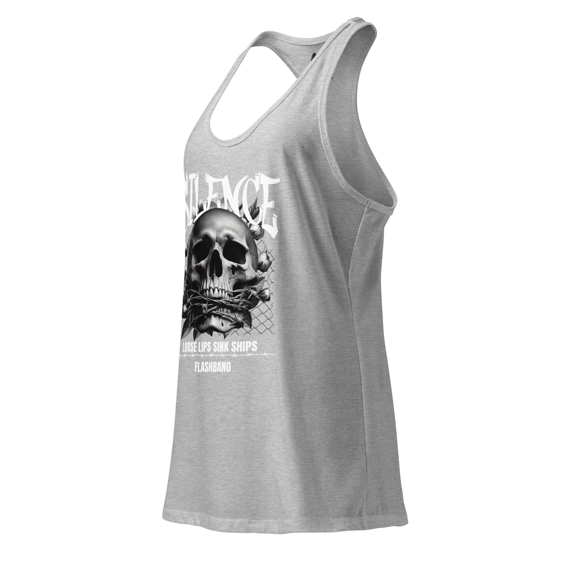 Gray tank top with a skull graphic and text on a white background