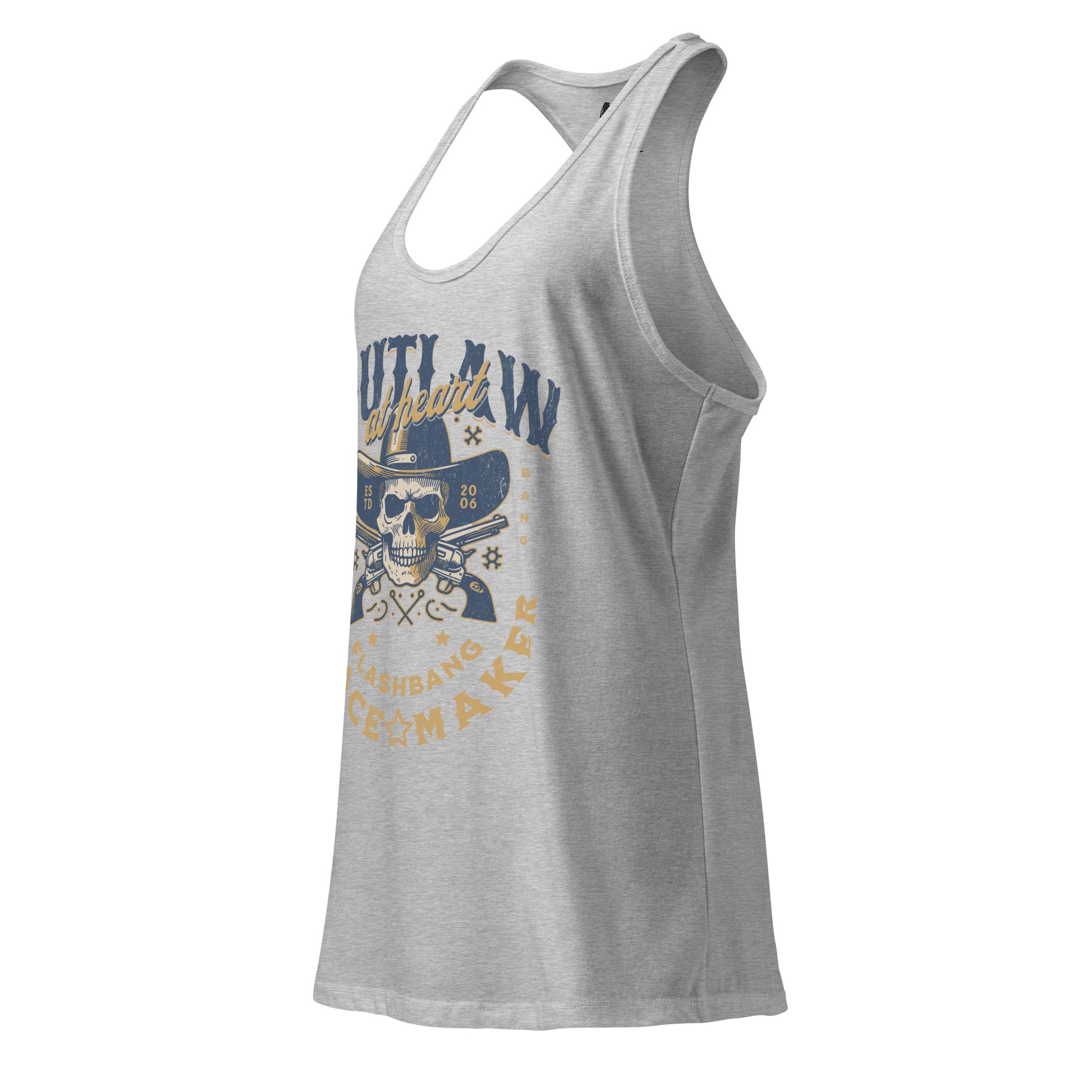 Gray tank top with skull and crossbones design on a white background