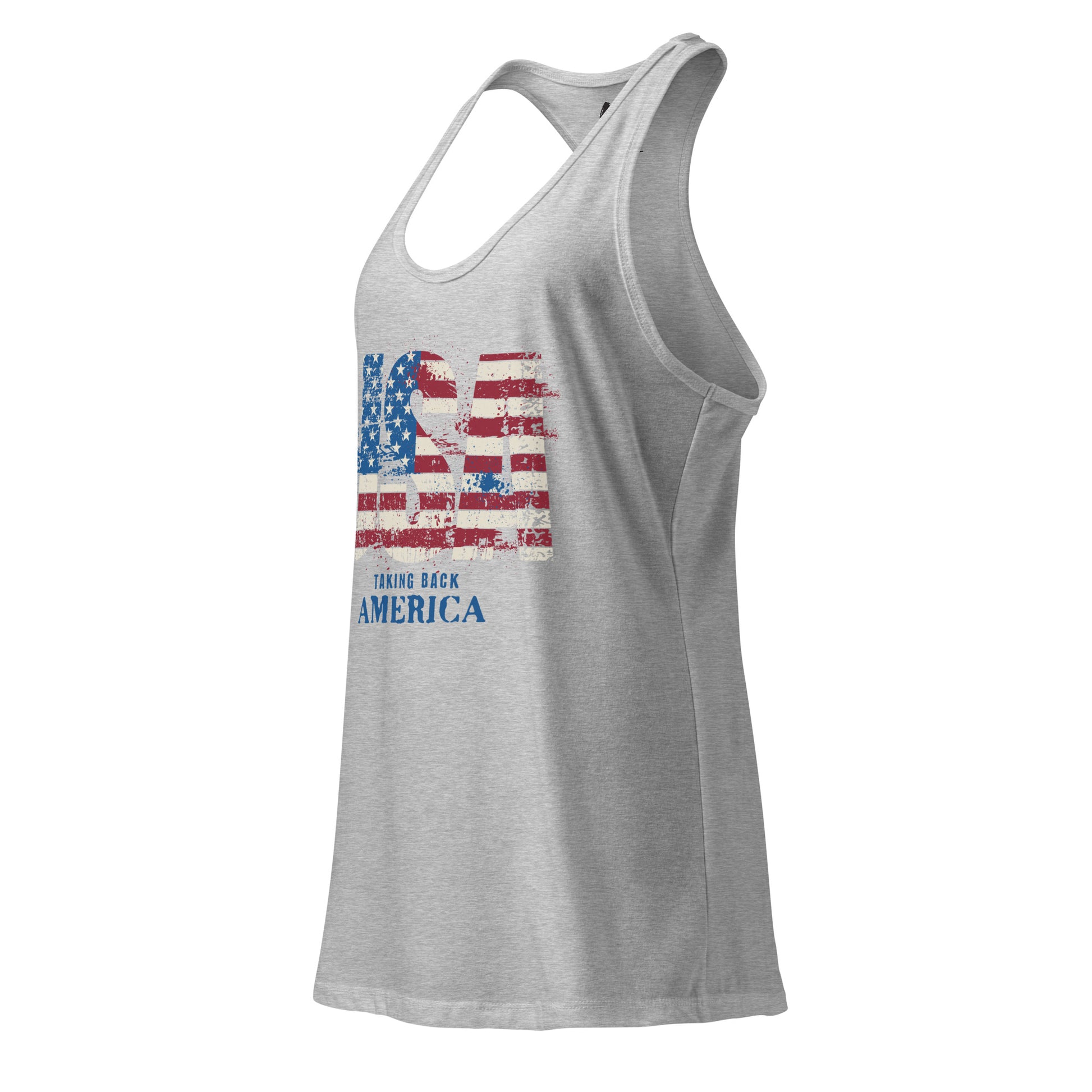 Gray tank top with American flag design and text on a white background