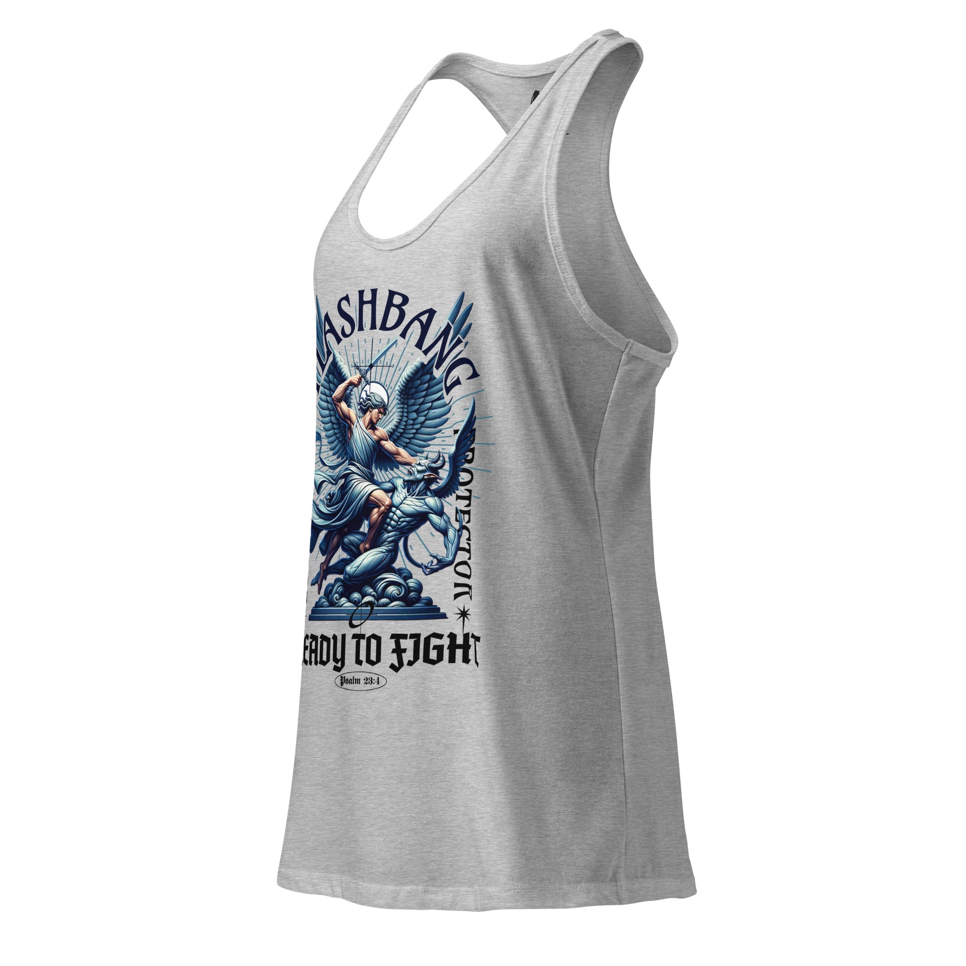 Gray tank top with graphic design and text on a white background