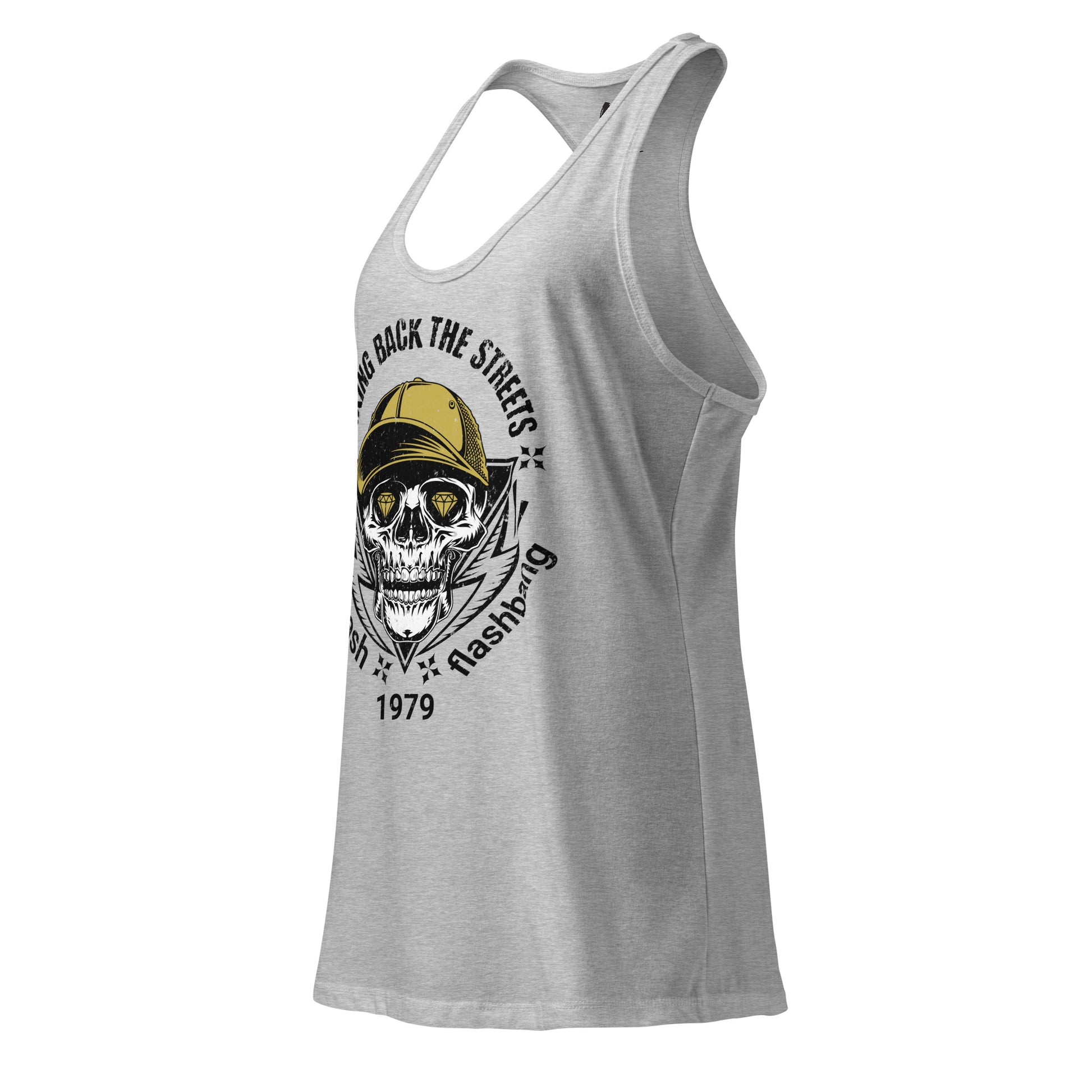 Gray tank top with skull and text design on a white background