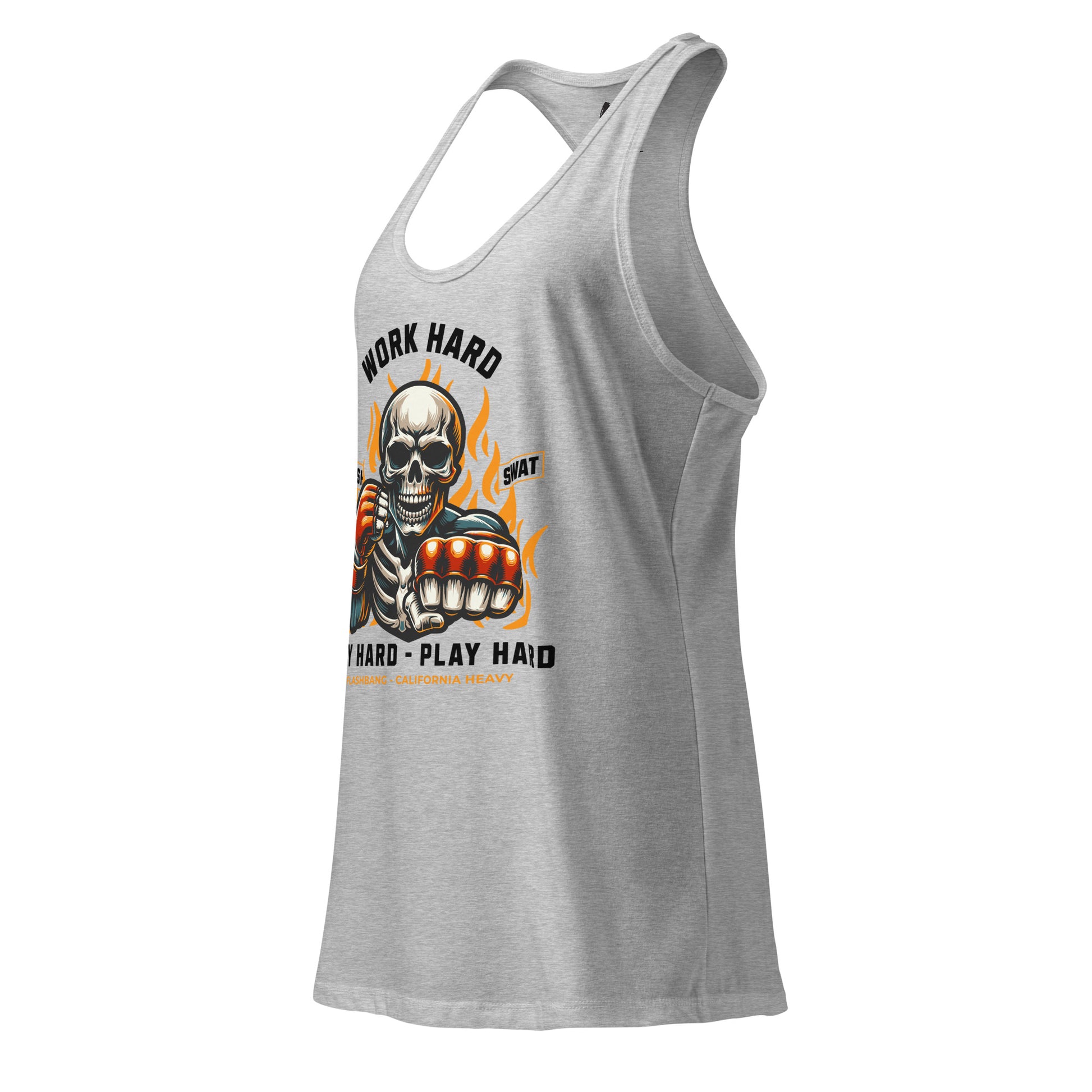 Gray tank top with a graphic design featuring a skeleton and text on a white background