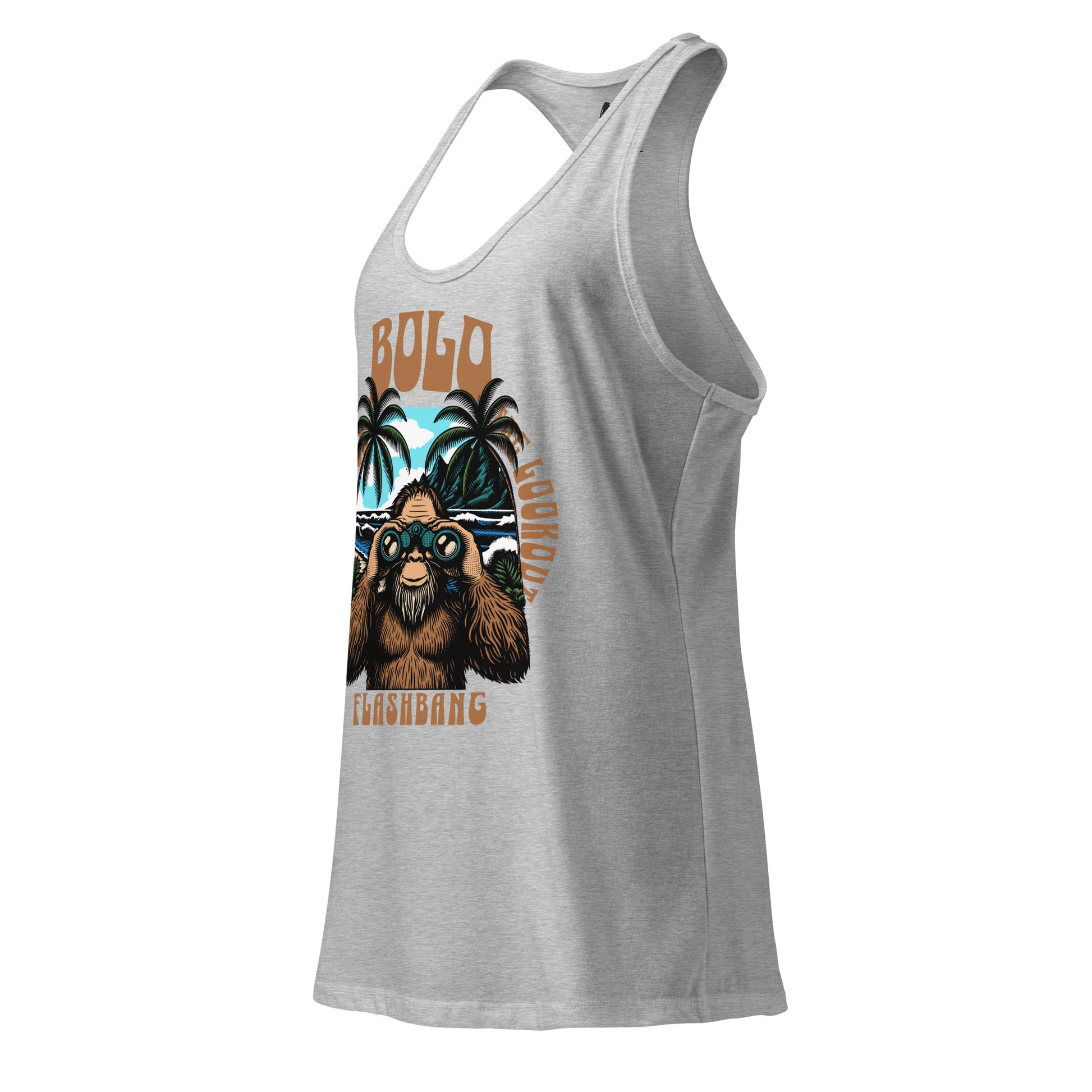 Gray tank top with a graphic of a bear and palm trees on a white background