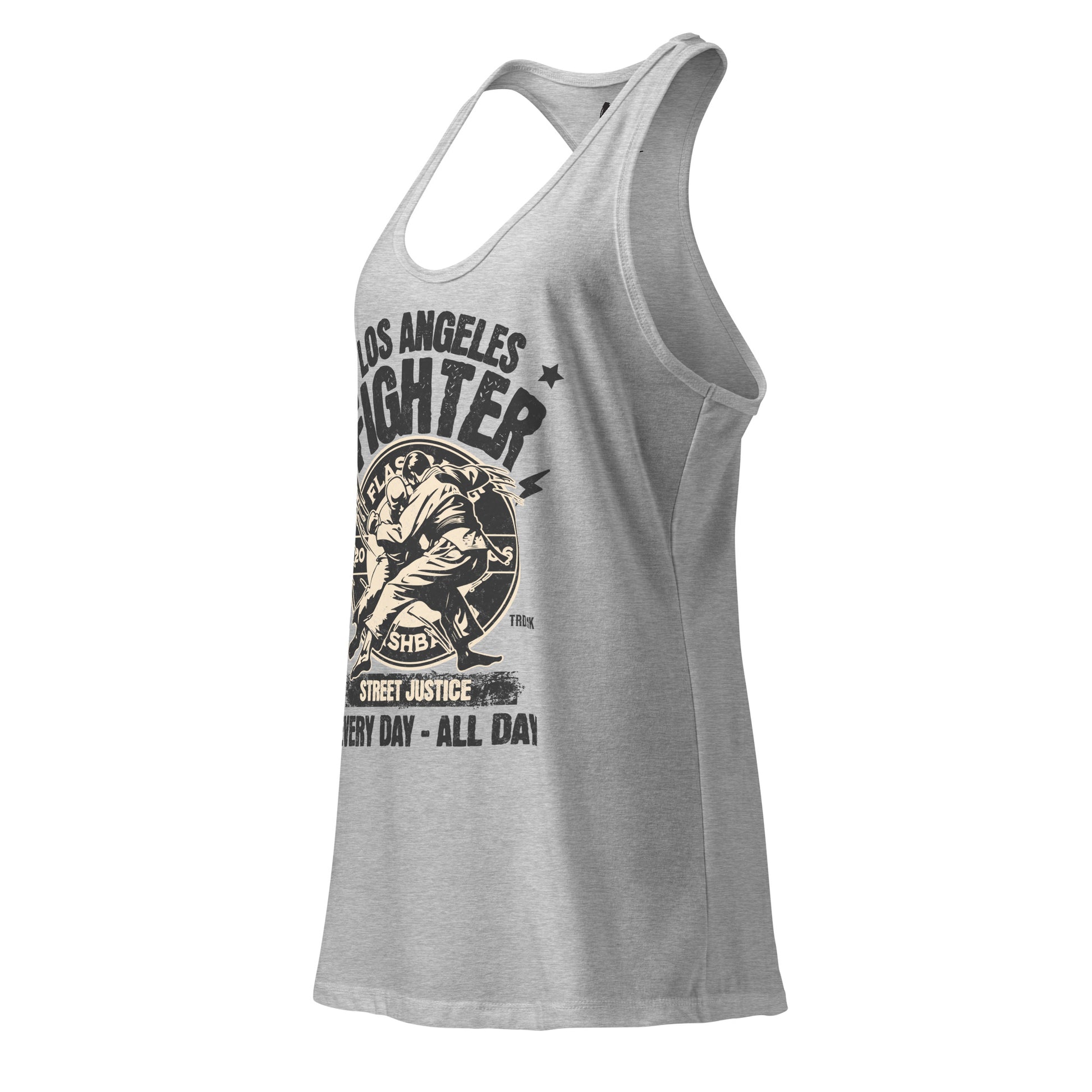 Gray tank top with graphic design on a white background