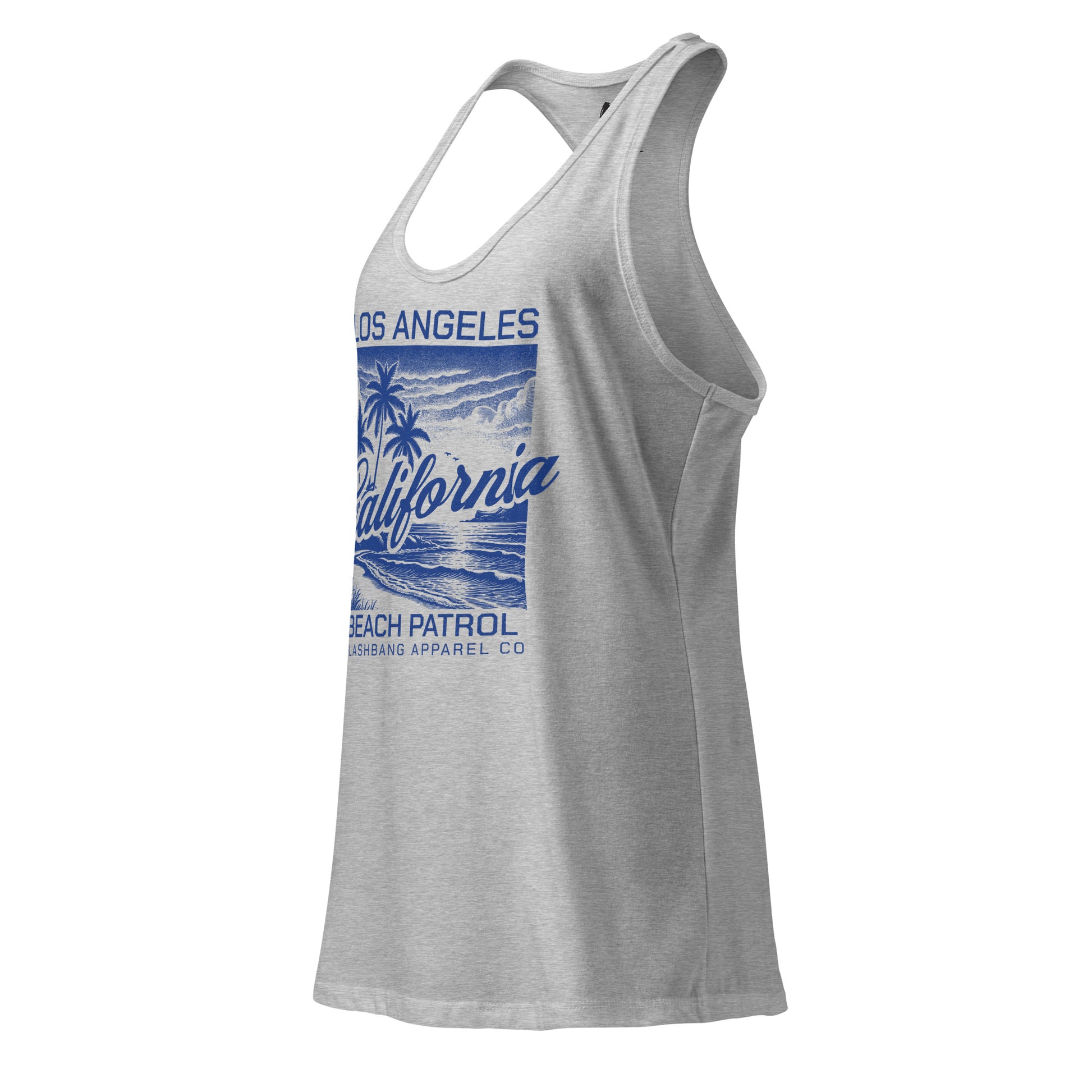 Gray tank top with blue graphic design on a white background