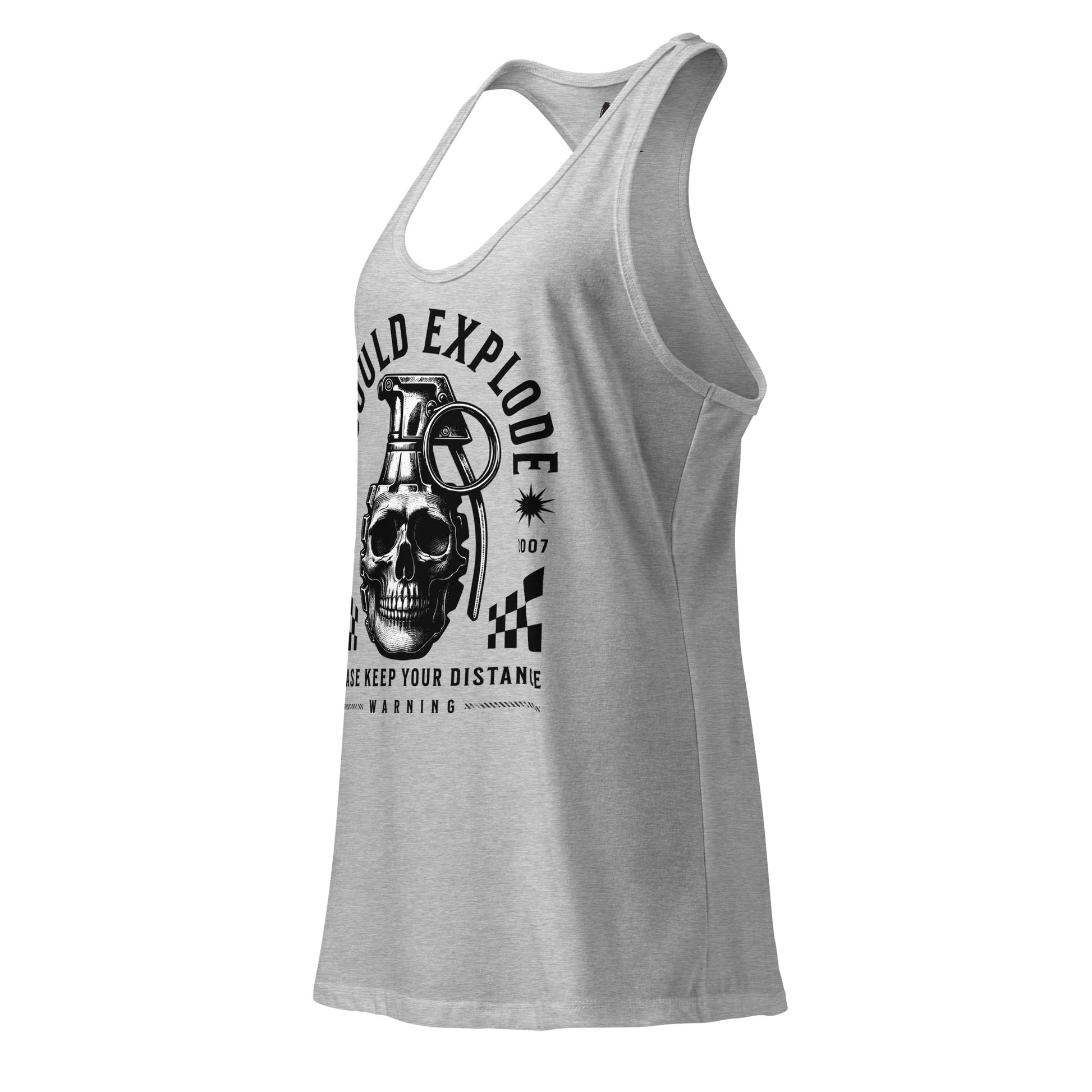 Gray tank top with a graphic design on a white background