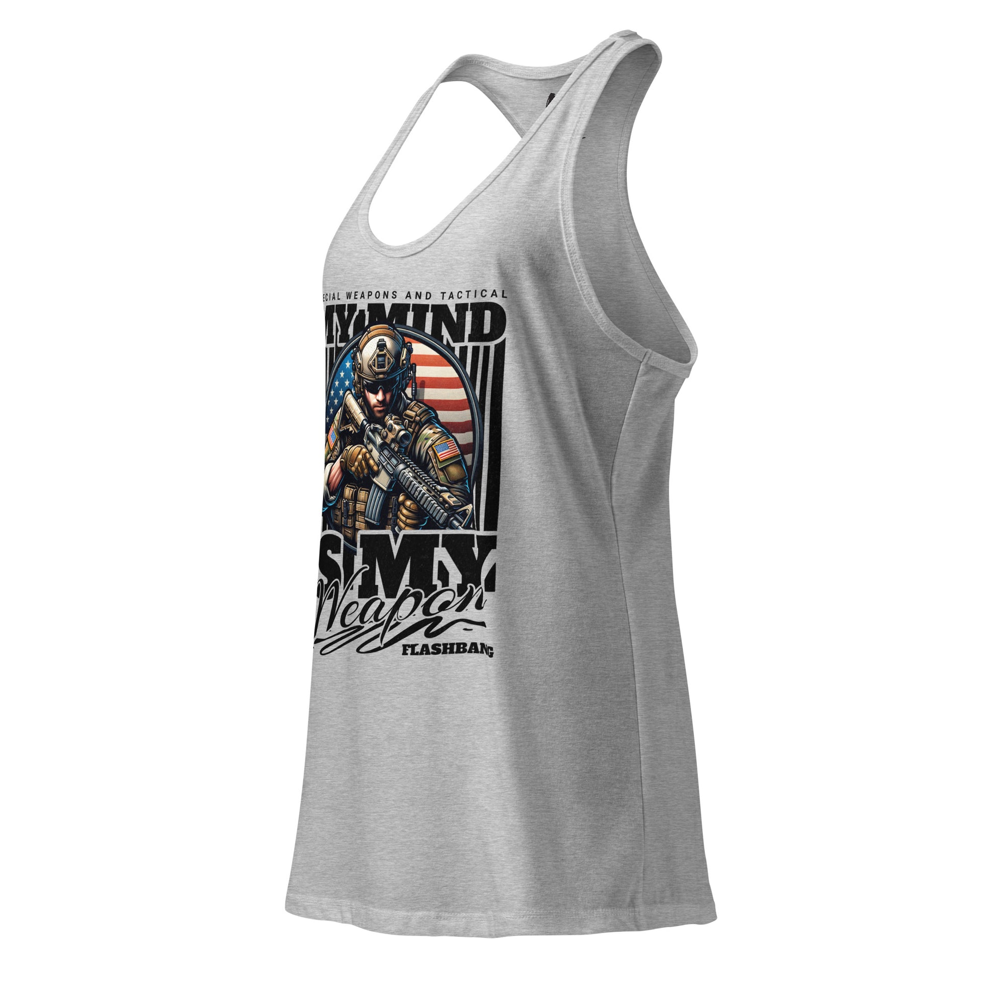 Gray tank top with graphic design on a white background