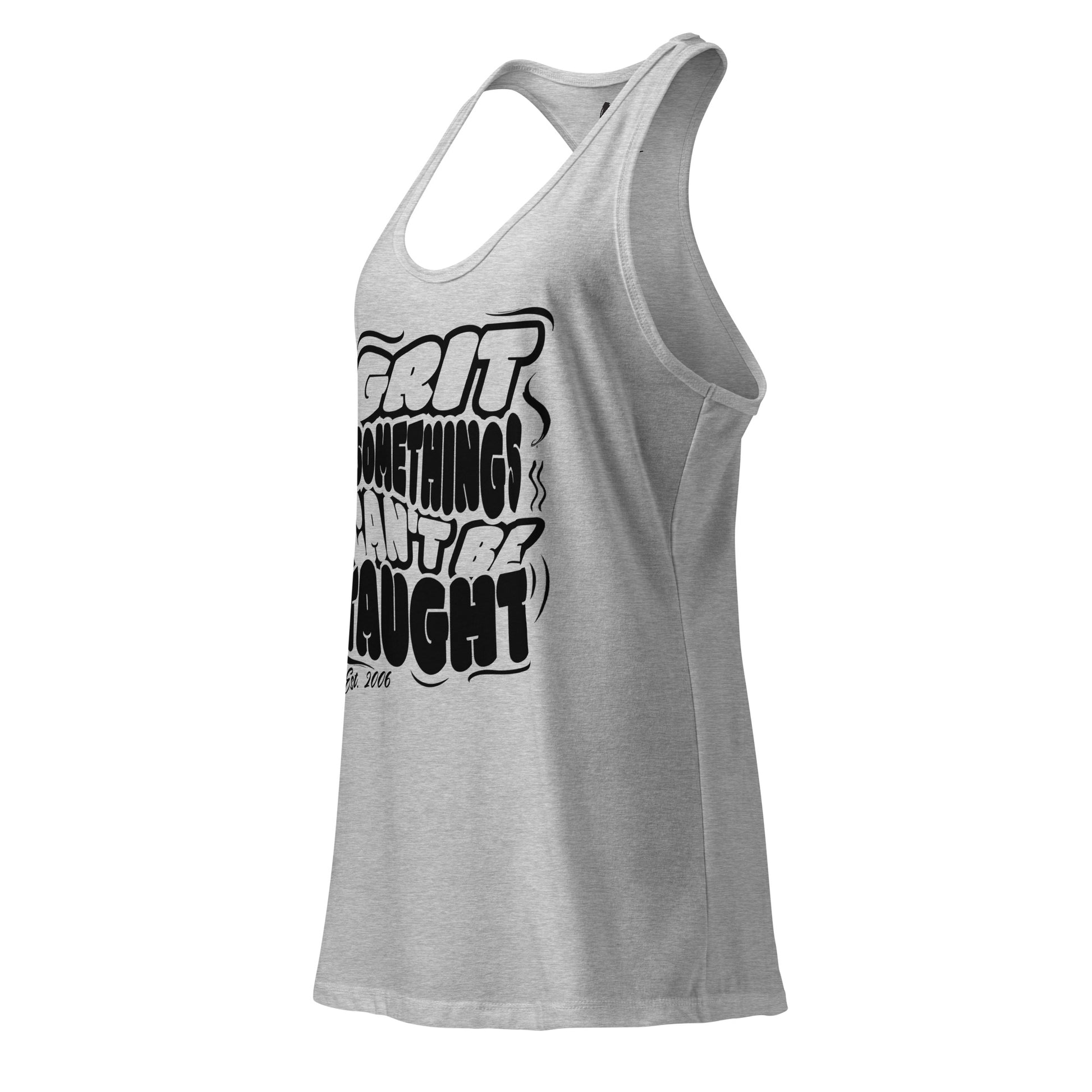 Gray tank top with black text on a white background