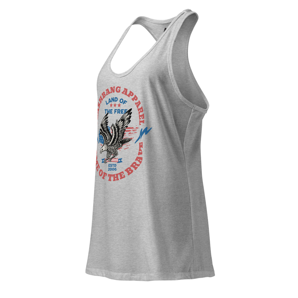 Gray tank top with eagle graphic and text on a white background
