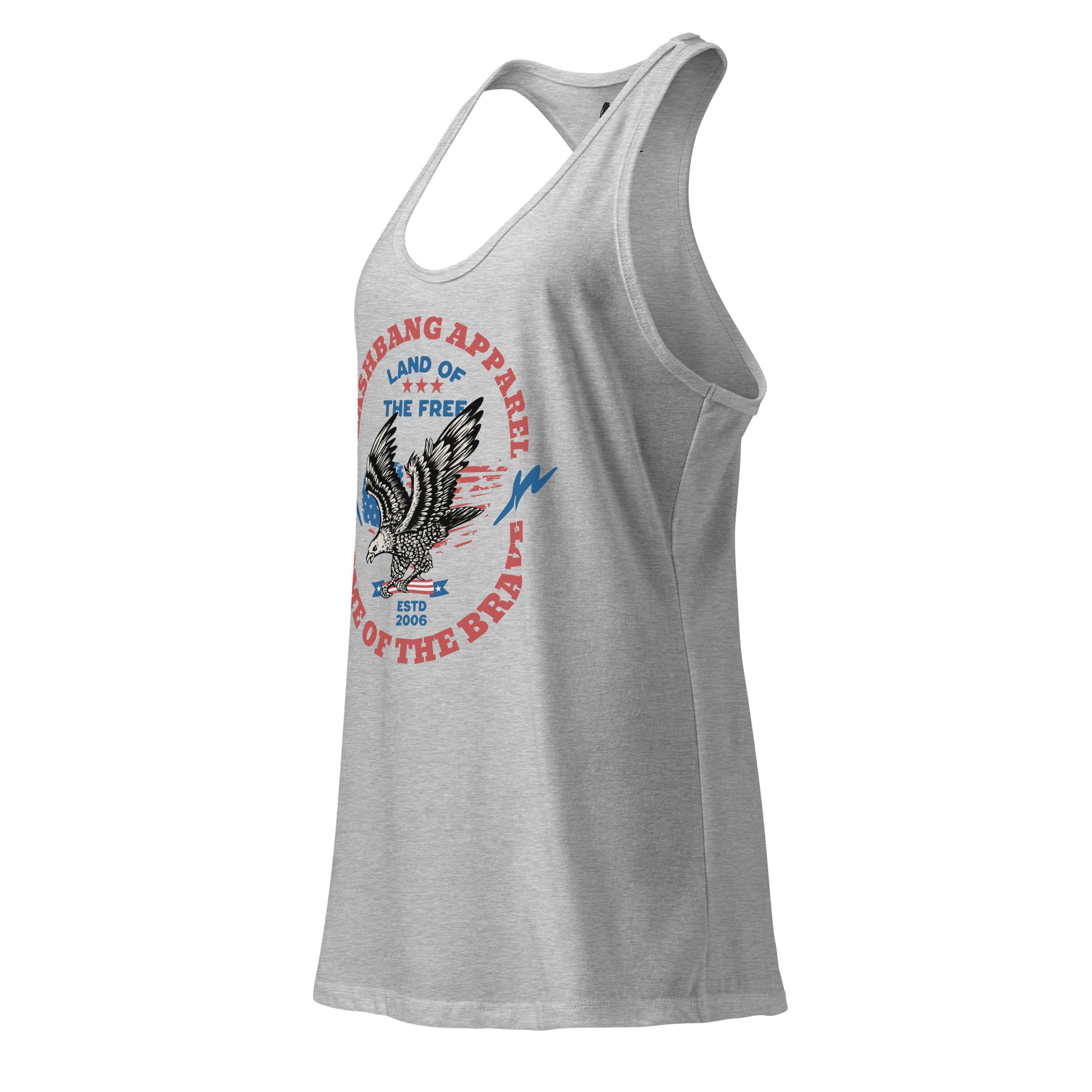 Gray tank top with eagle graphic and text on a white background