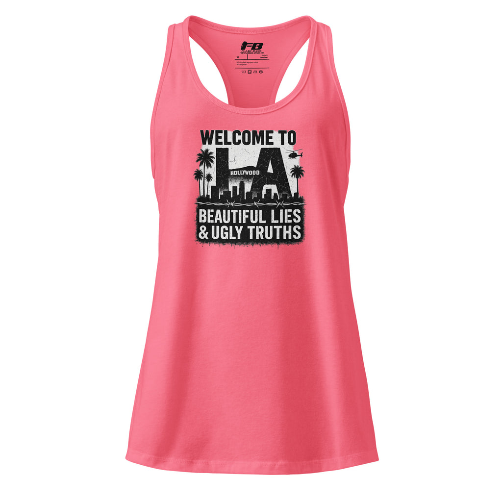 Pink tank top with graphic design and text on a white background