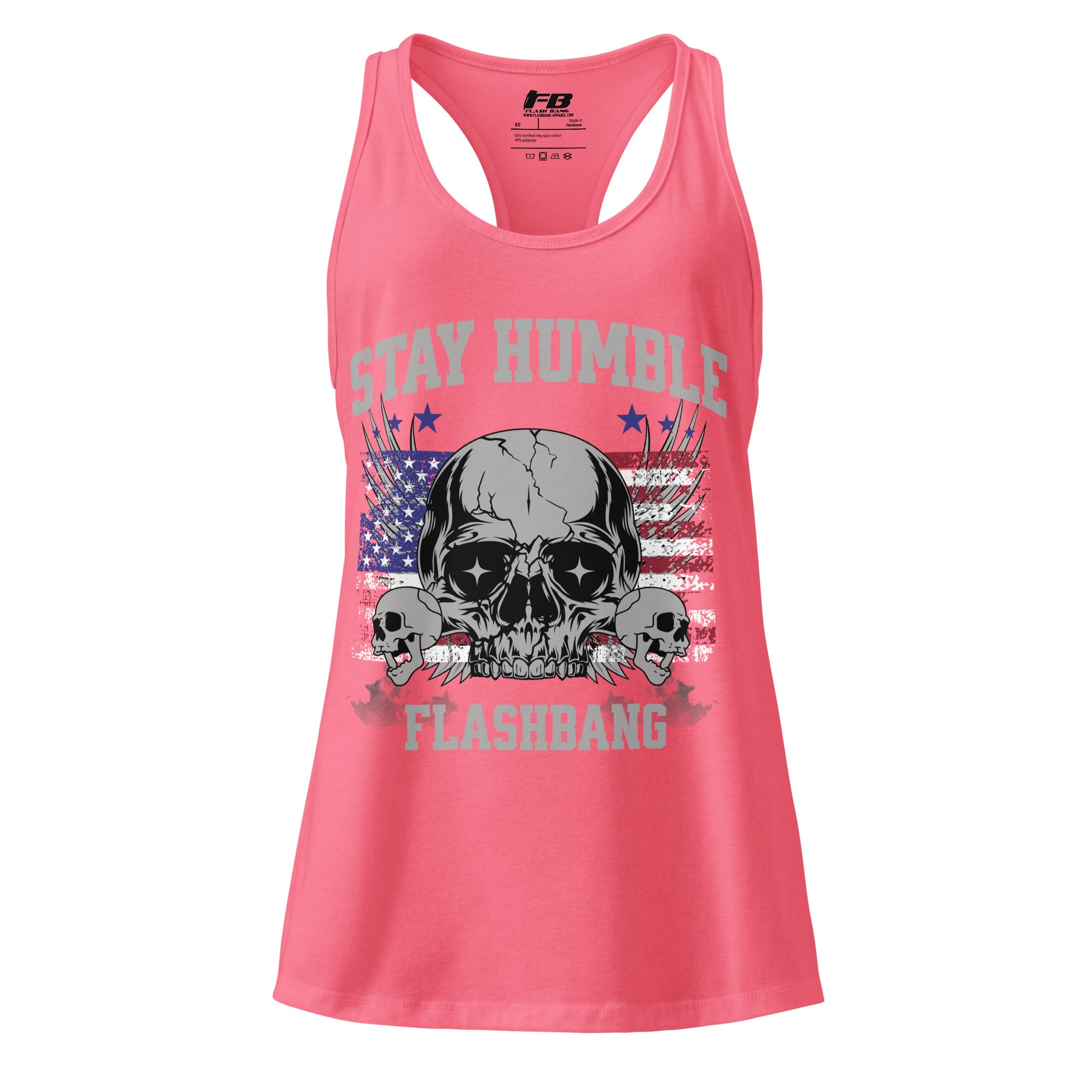 Pink tank top with skull design and text on a white background