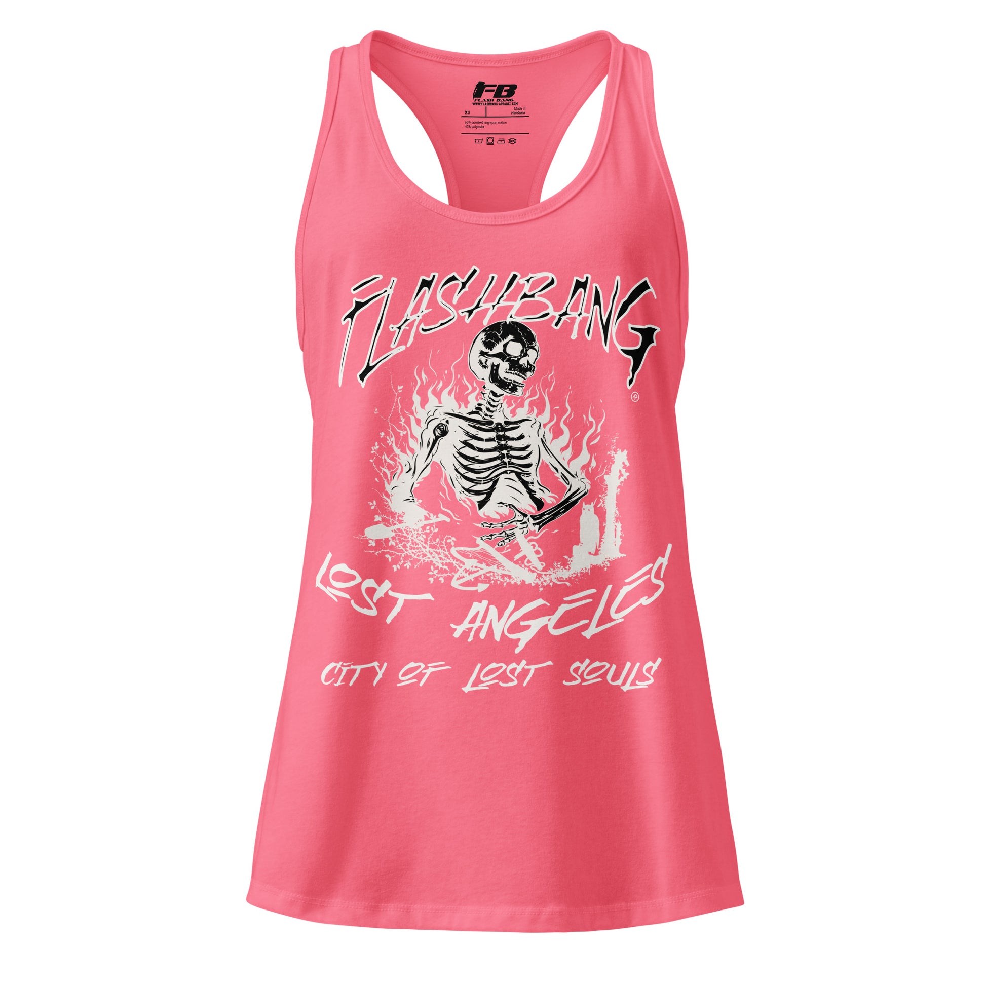 Pink tank top with skeleton graphic and text on a white background
