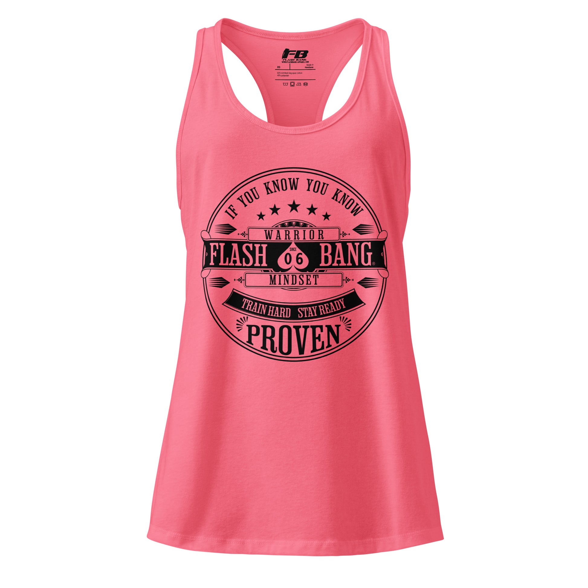 Pink tank top with black text on a white background