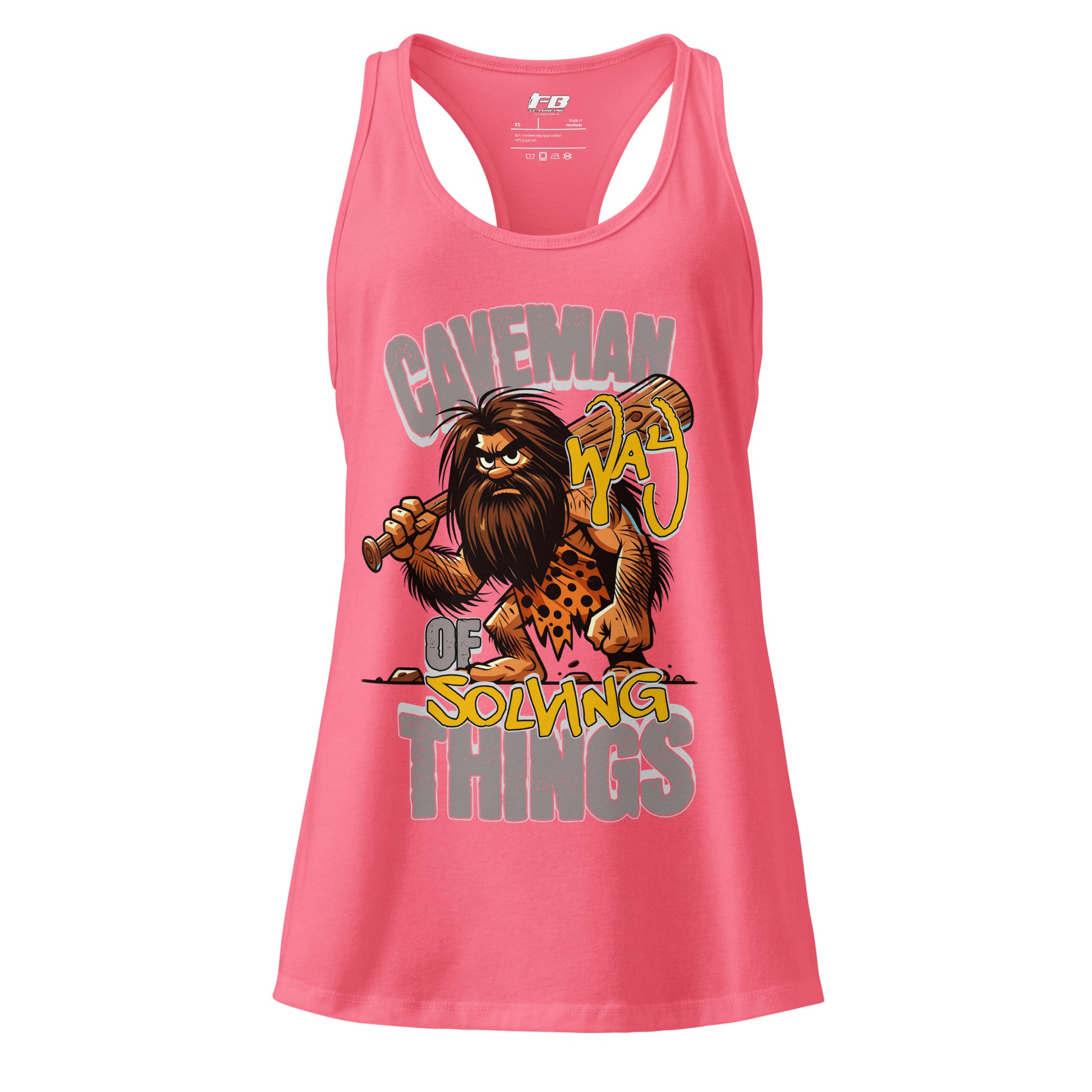 Pink tank top with a graphic of a caveman and text on a white background