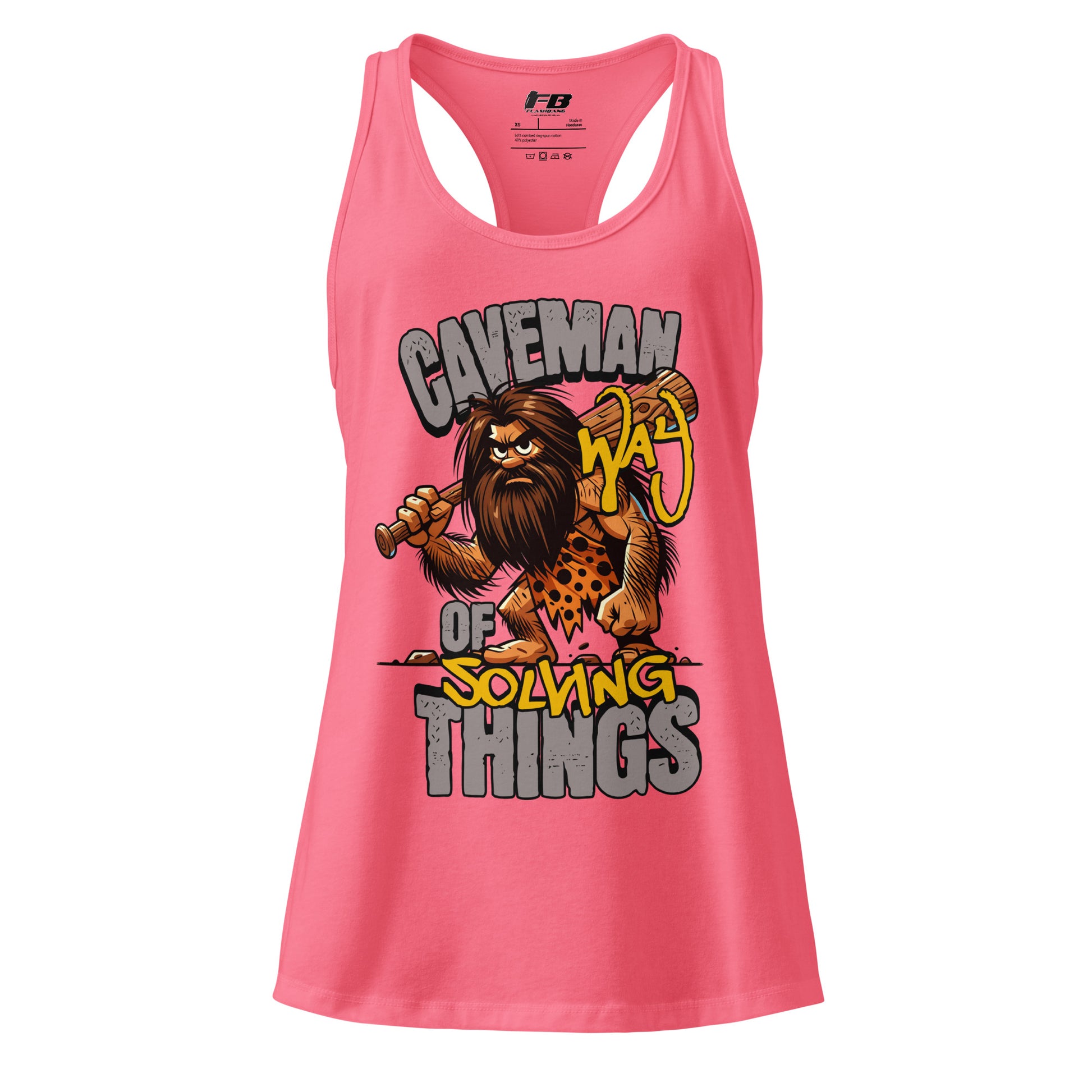 Pink tank top with a caveman graphic and text on a white background