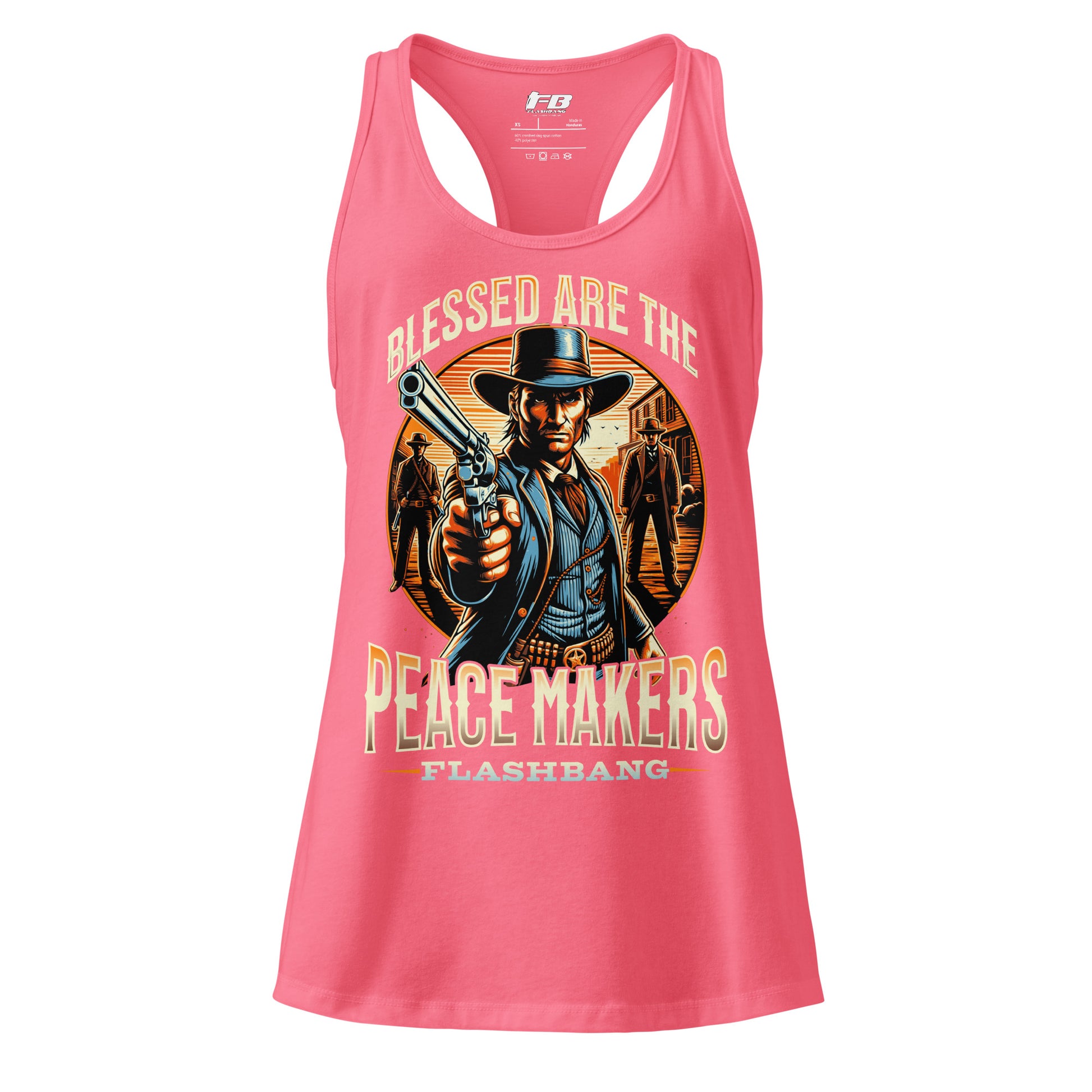 Pink tank top with a graphic design of a cowboy and text on a white background