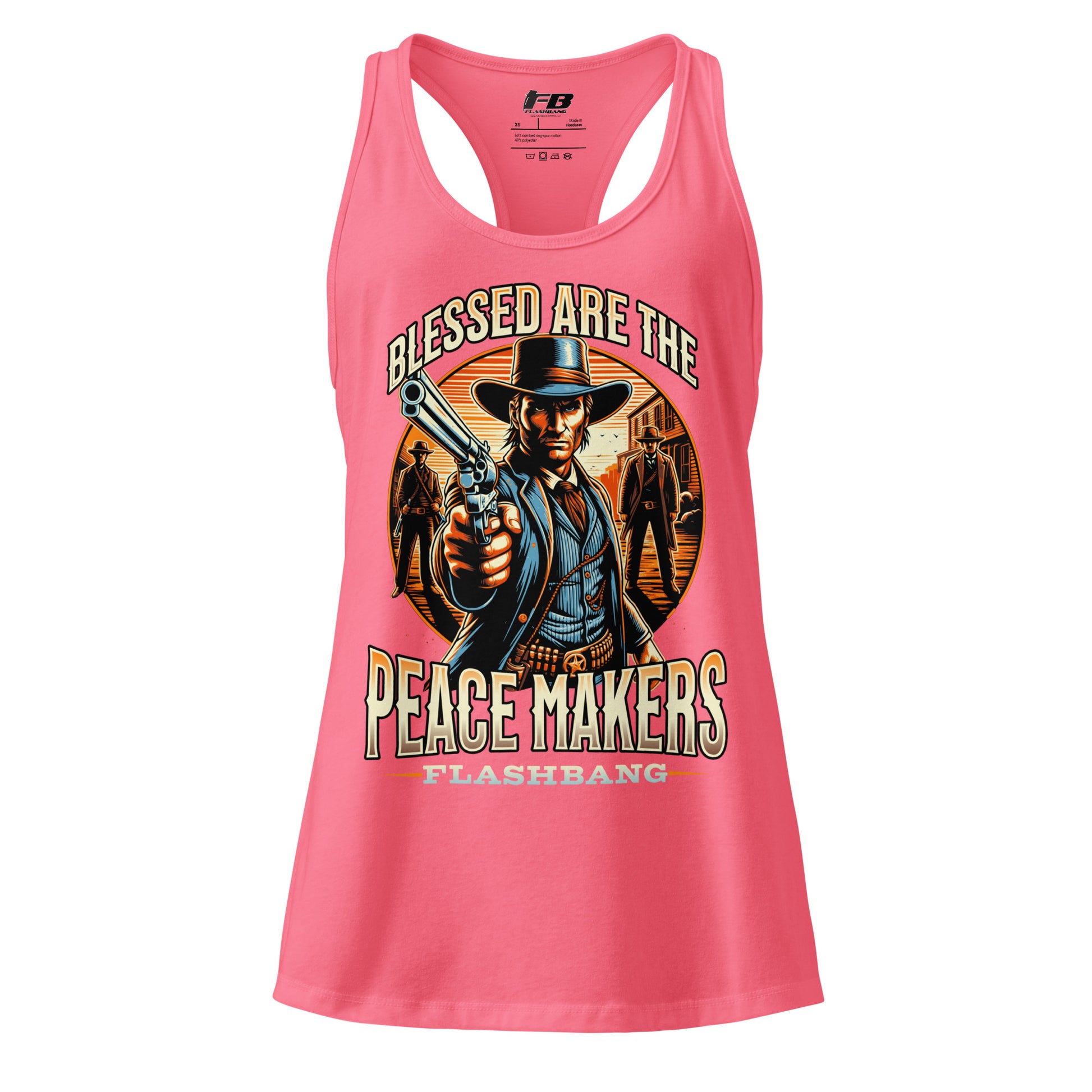 Pink tank top with a graphic design and text on a white background