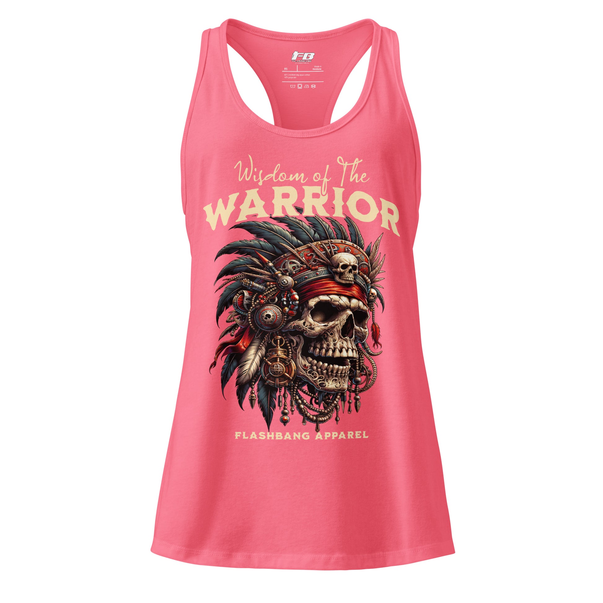 Pink tank top with warrior design and 'Wisdom of the Warrior' text on a white background