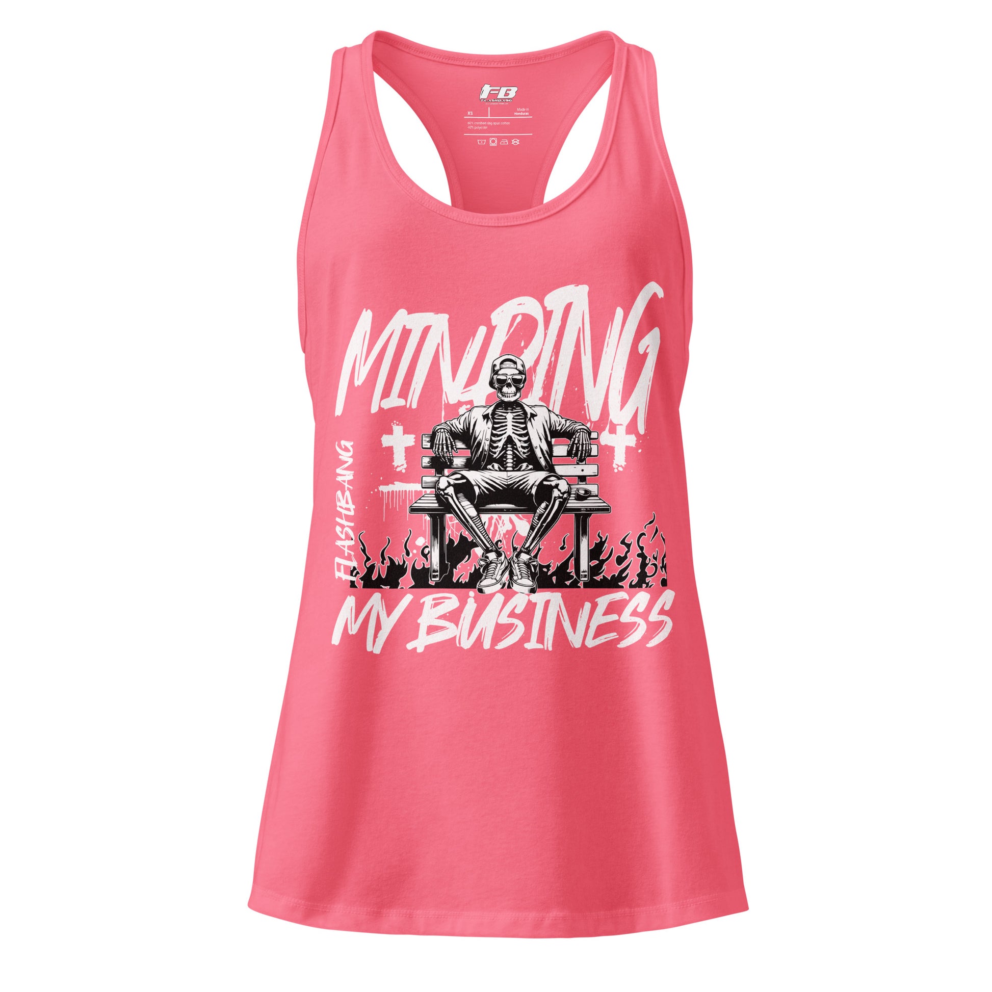 Pink tank top with graphic design and text on a white background