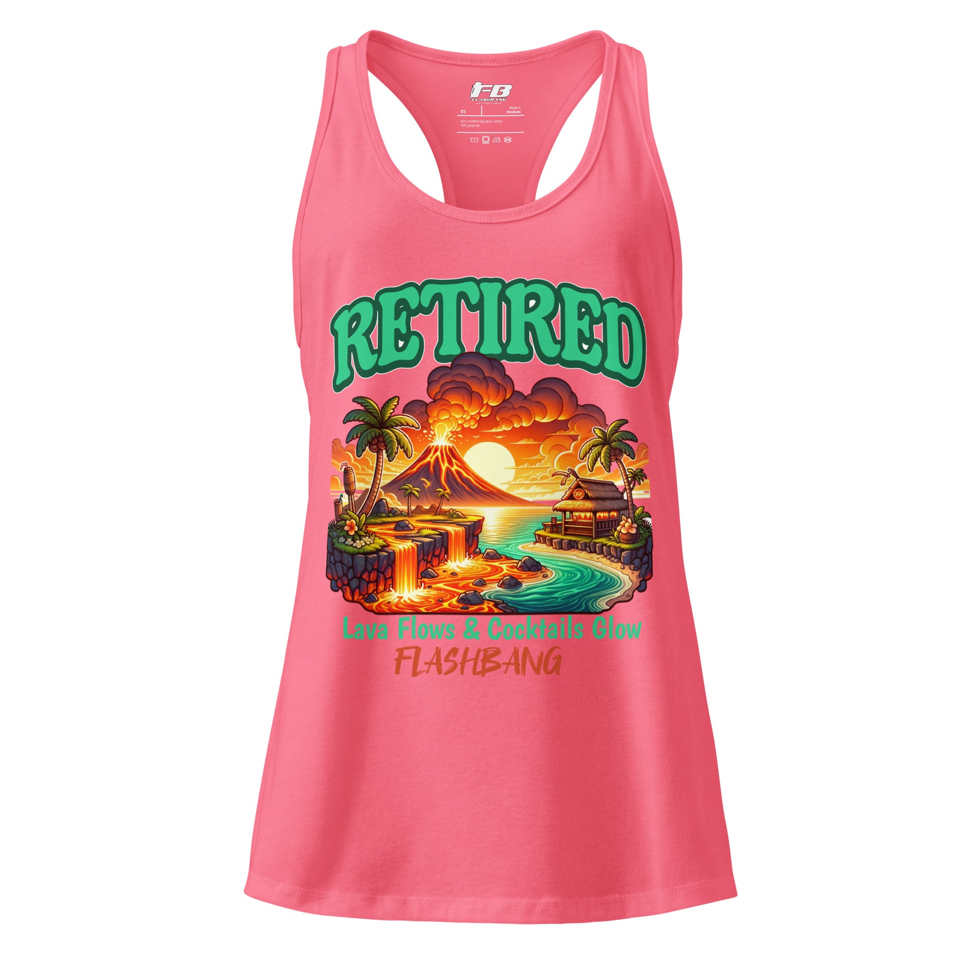 Pink tank top with a tropical graphic and 'Retired' text on a white background