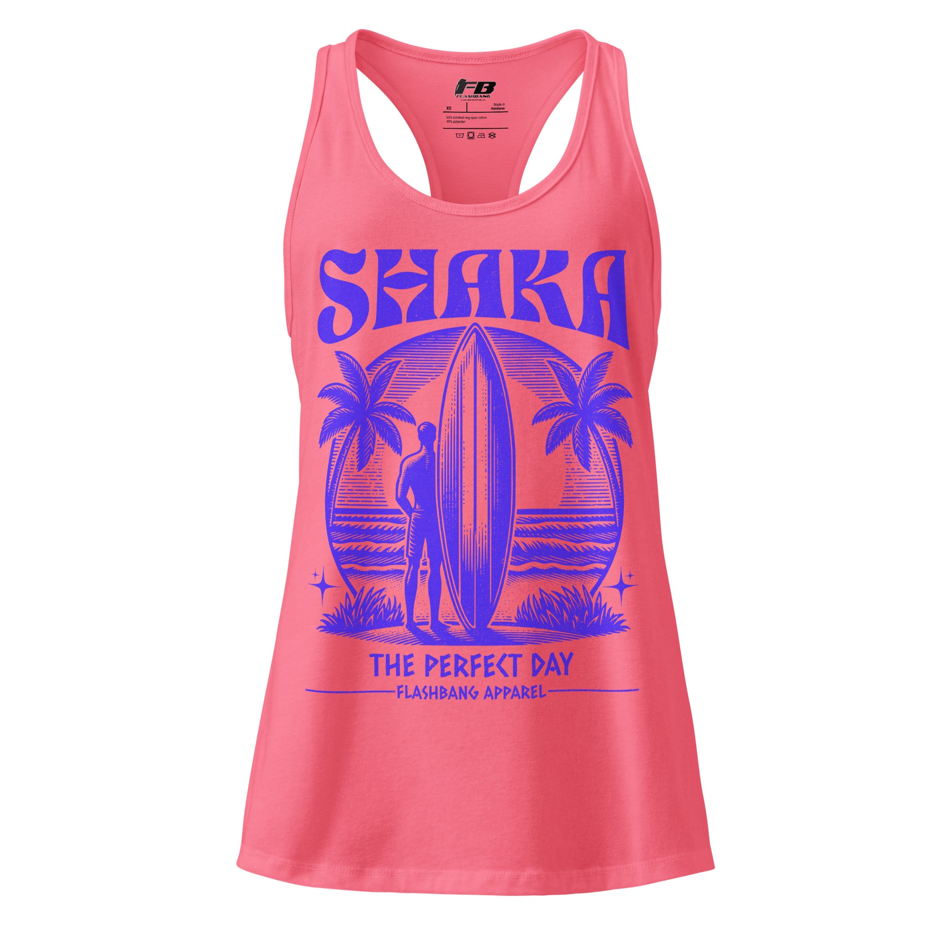 Pink tank top with blue graphic and text on a white background