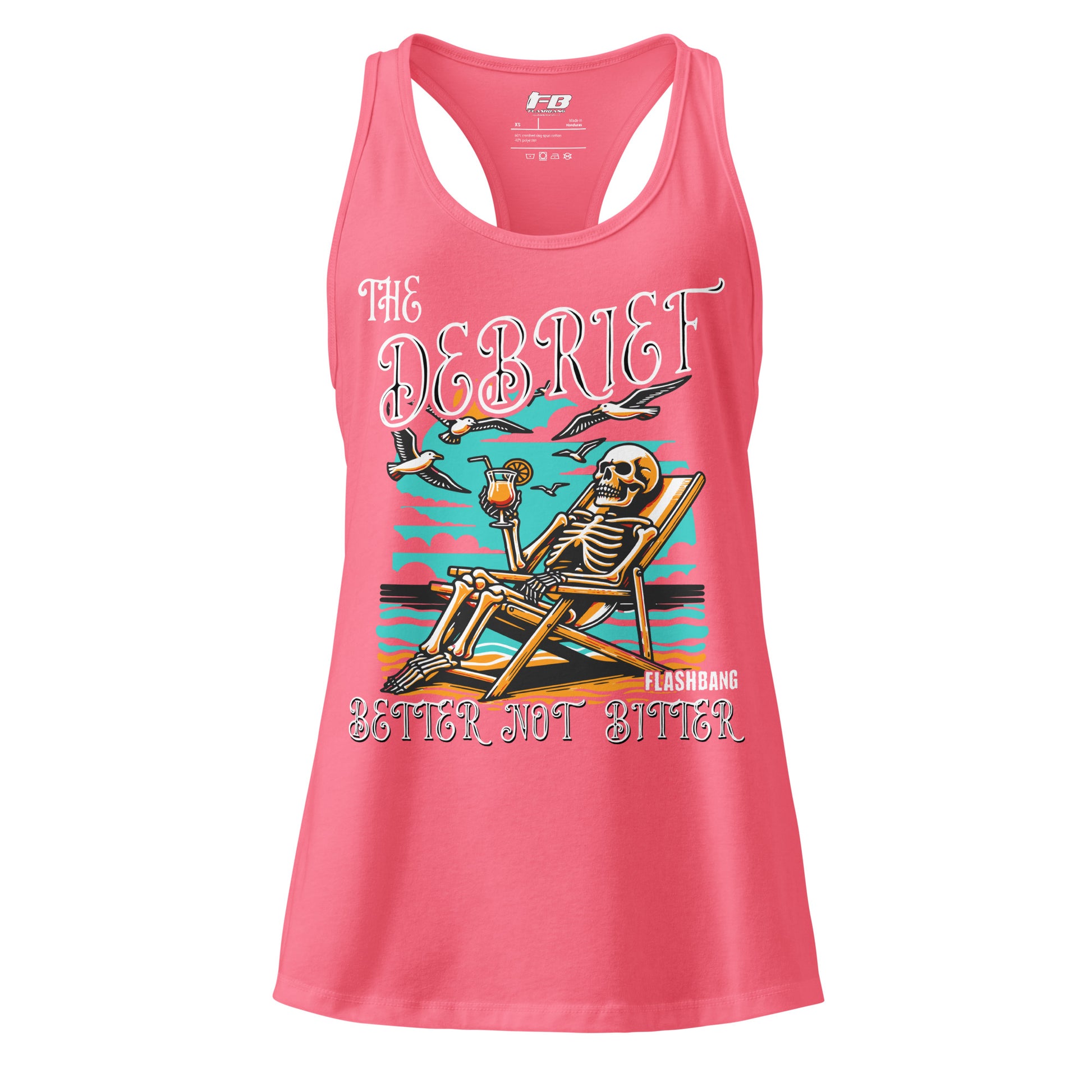 Pink tank top with skeleton design and text on a white background