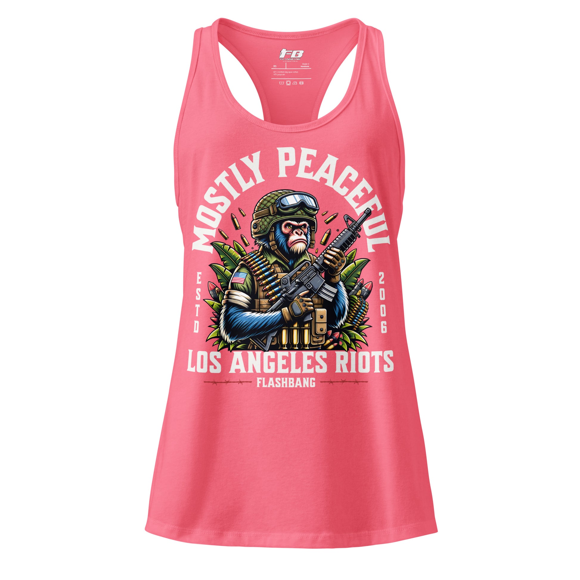 Pink tank top with graphic design and text on a white background