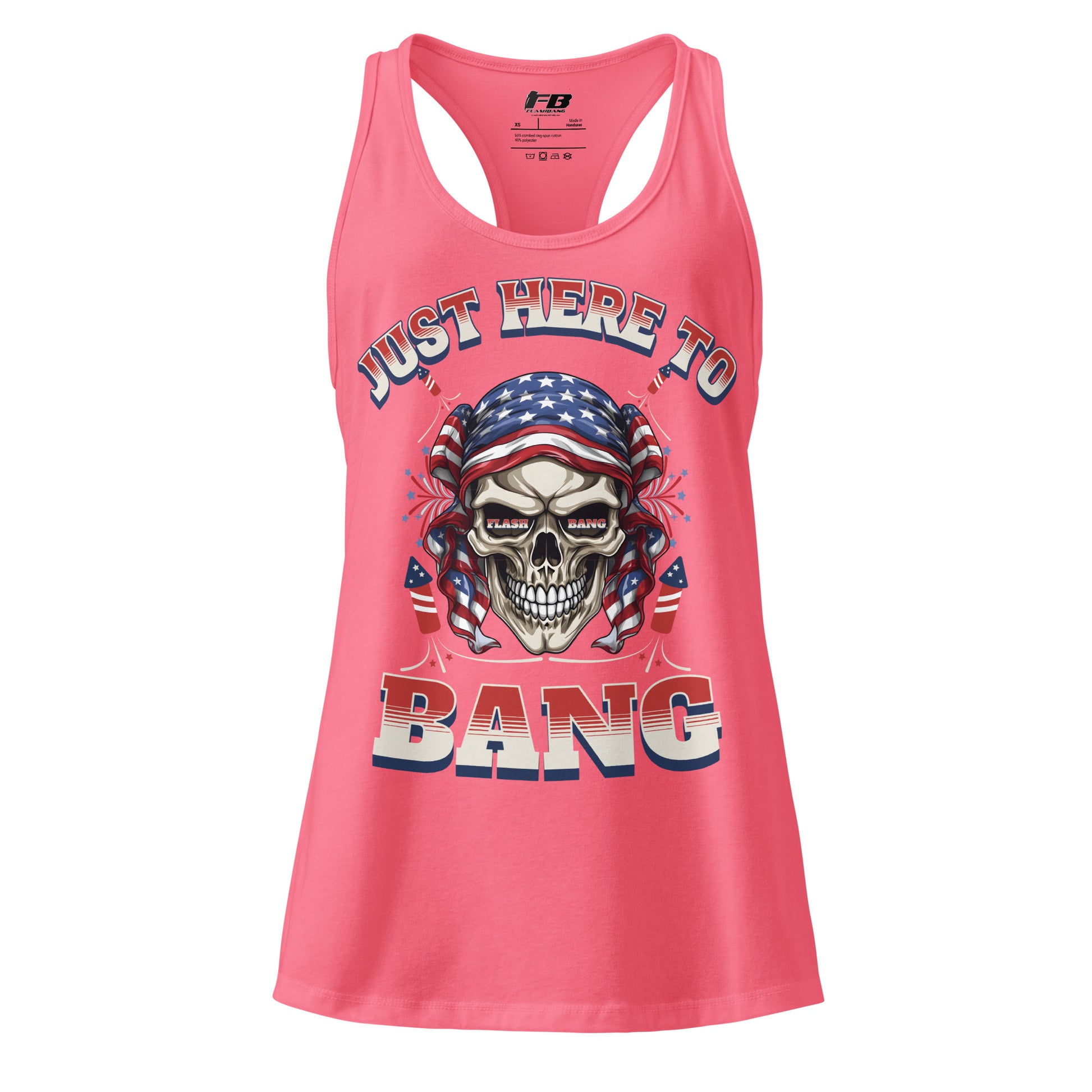 Pink tank top with skull and American flag design on a white background