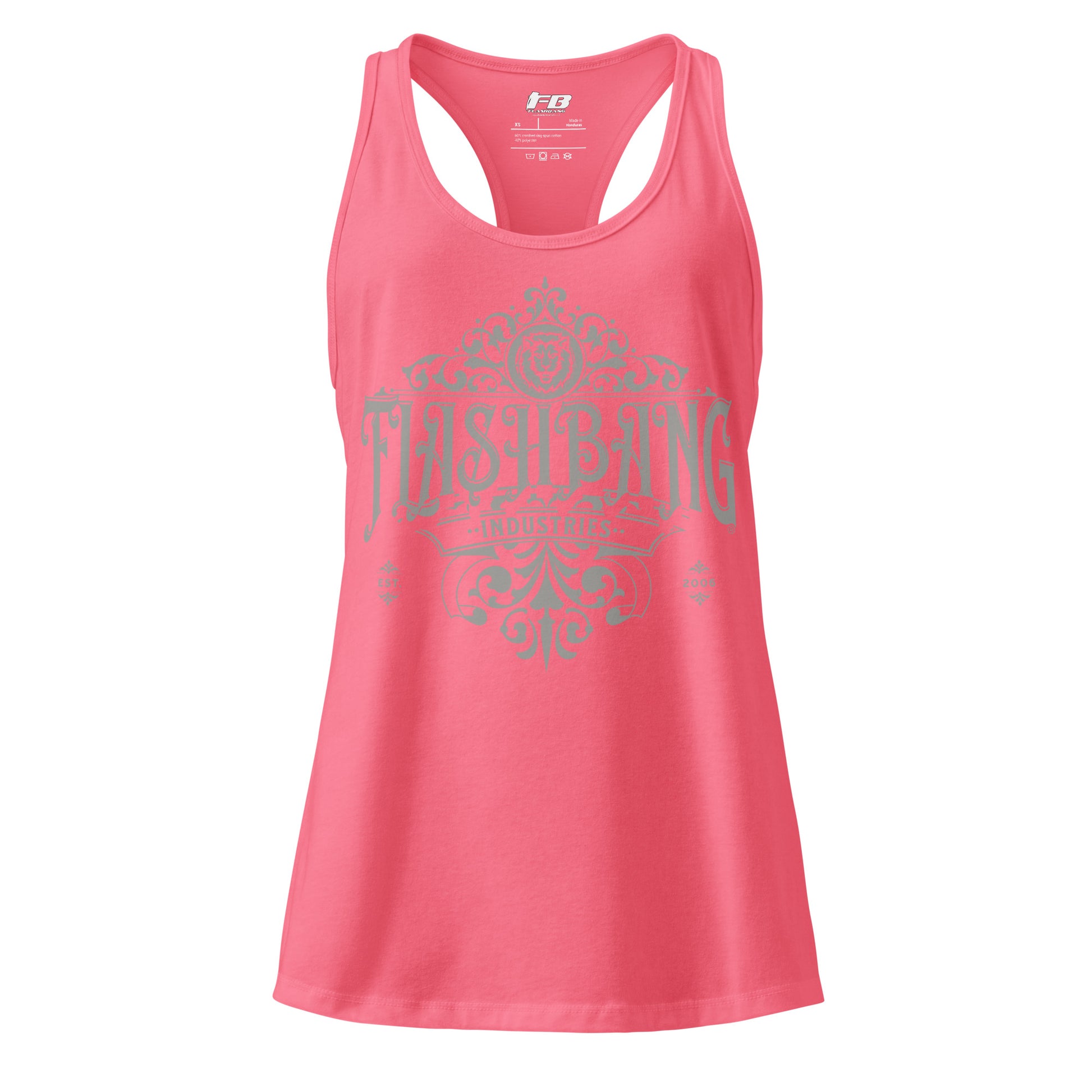 Pink tank top with decorative text design on a white background
