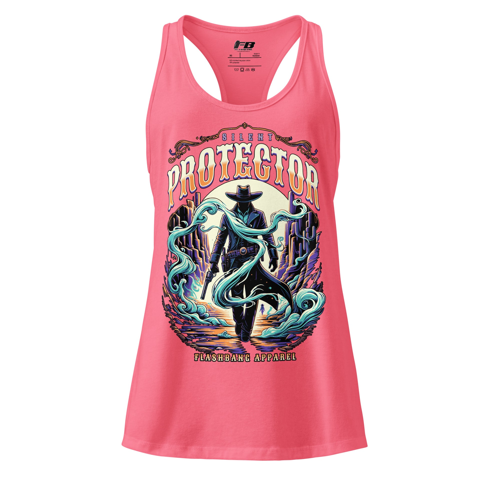 Pink tank top with graphic design and 'Flashbang Apparel' branding on a white background