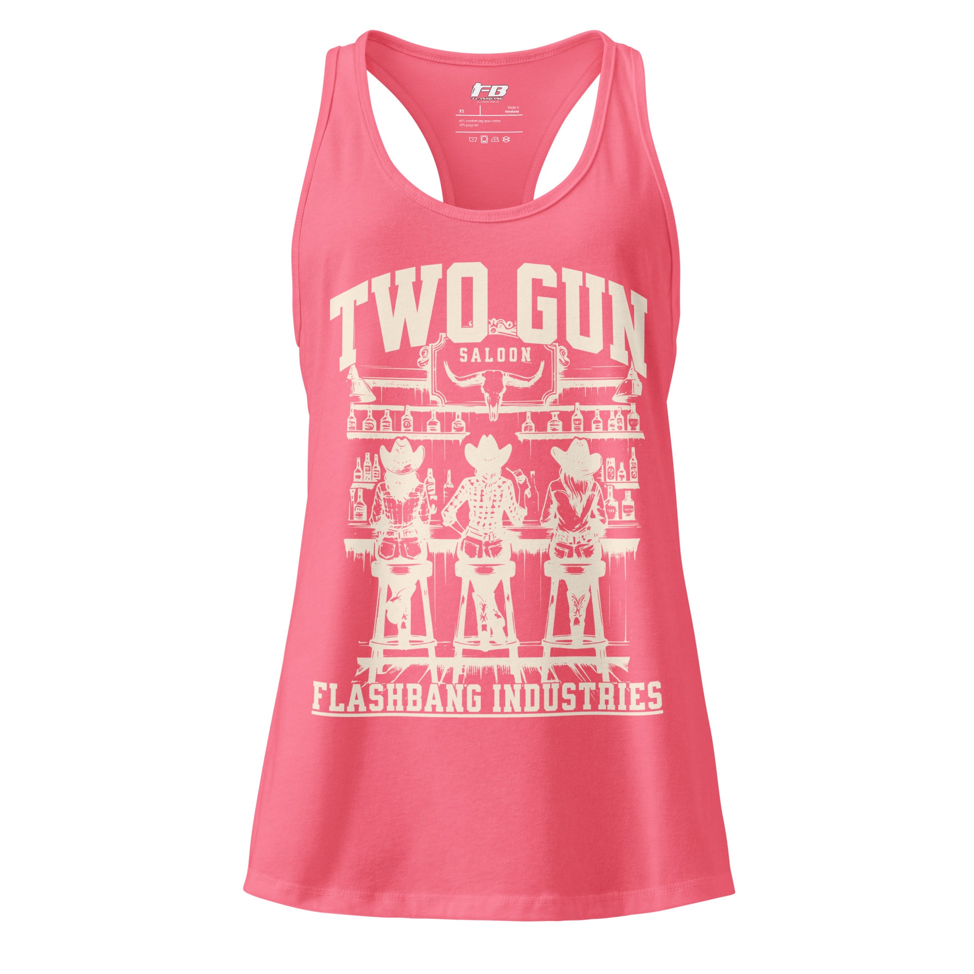 Pink tank top with white graphic design on a white background