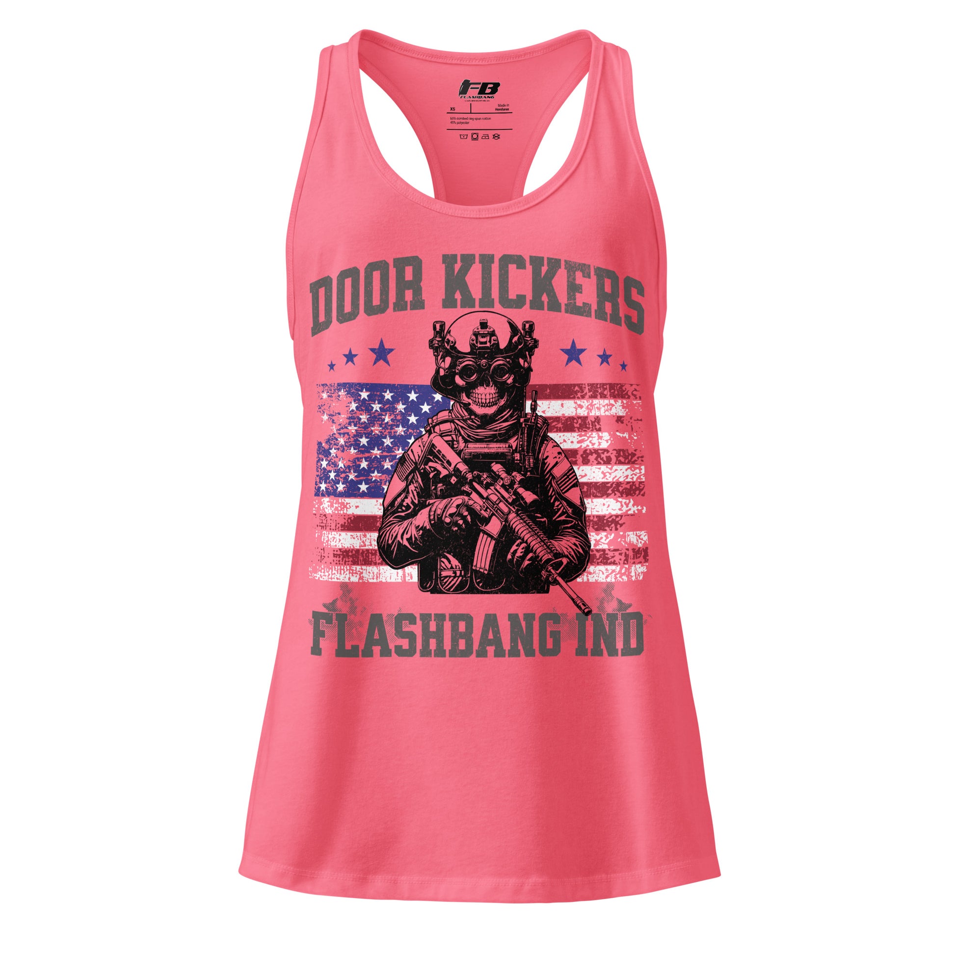 Pink tank top with graphic design and text on a white background