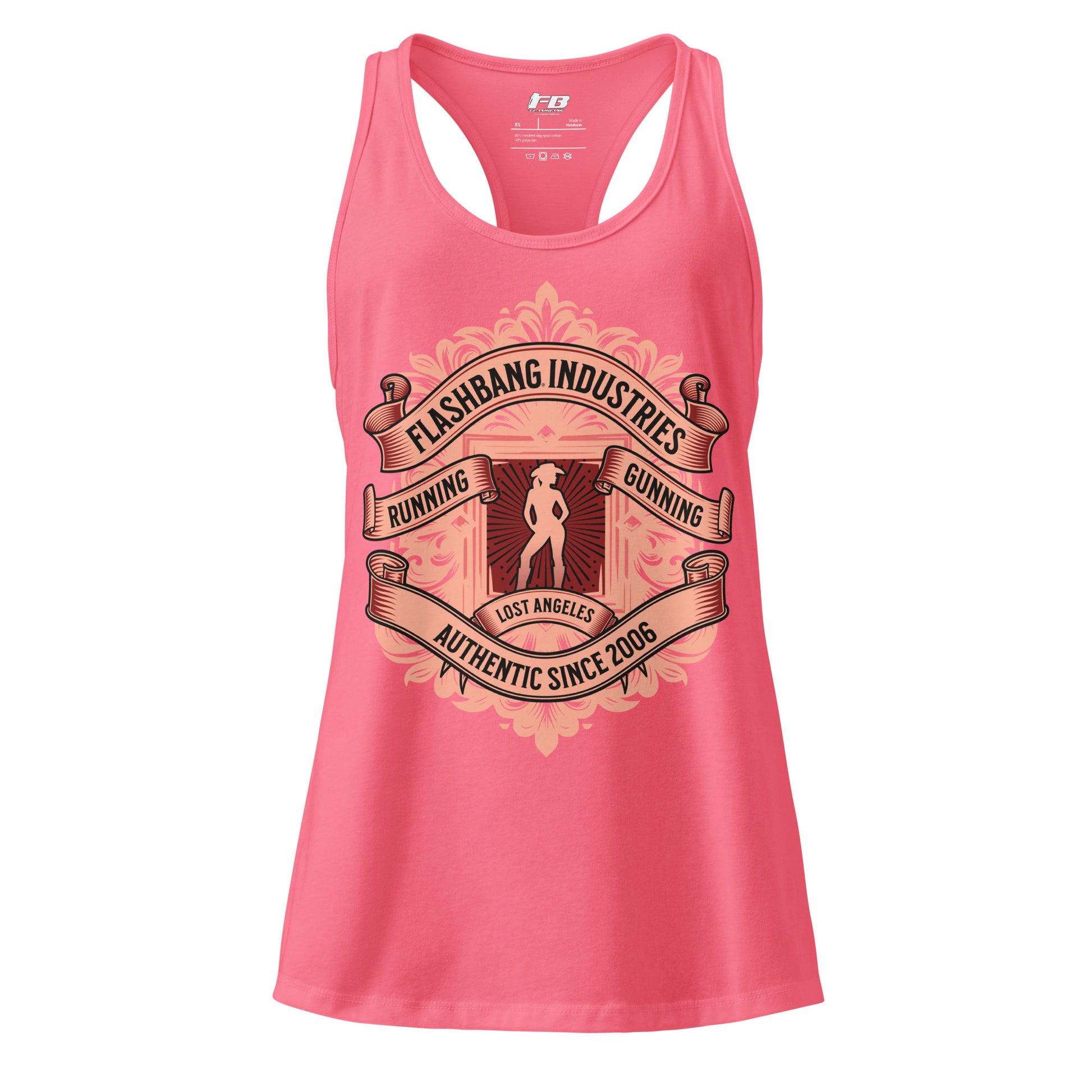 Pink tank top with graphic design and text on a white background