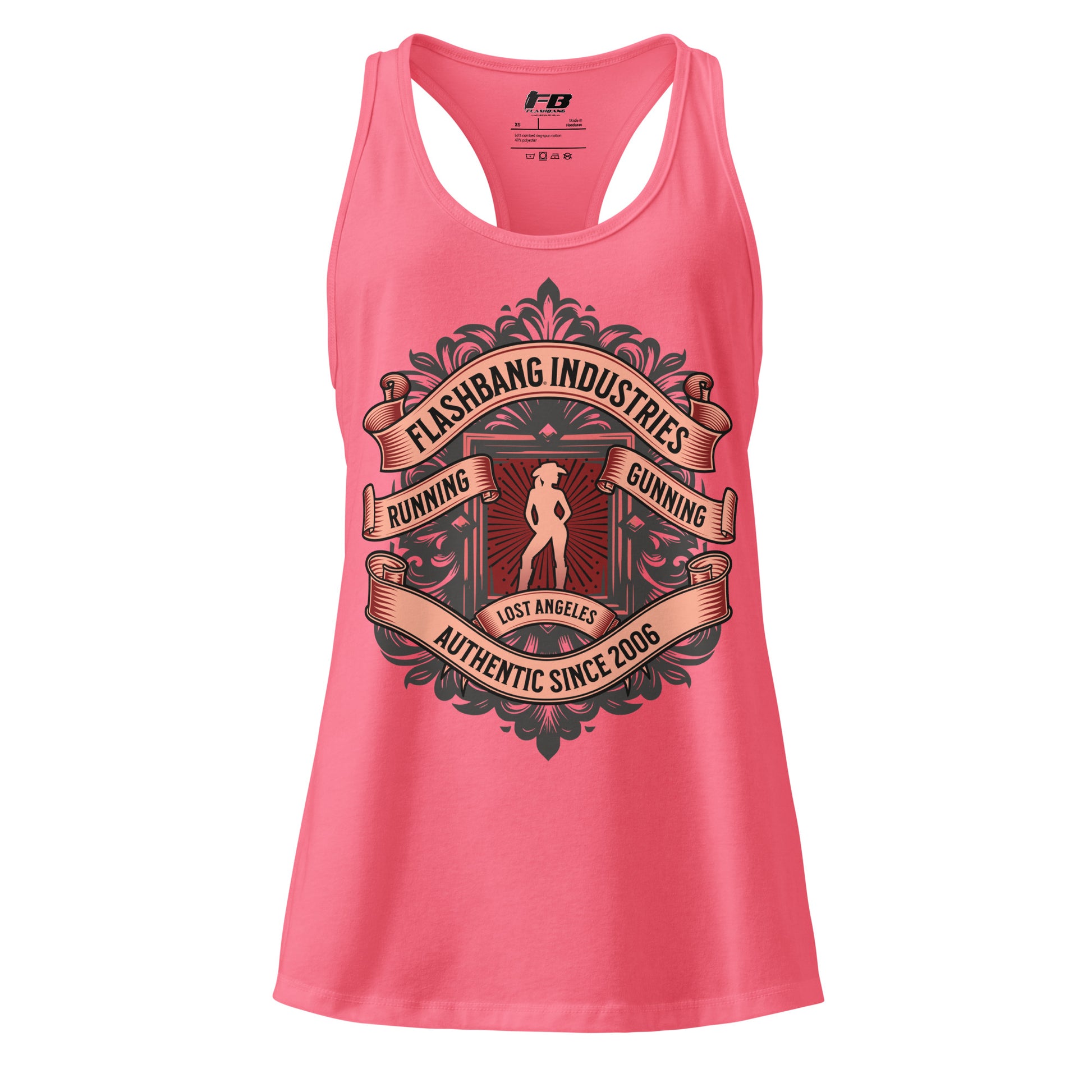 Pink tank top with graphic design and text on a white background