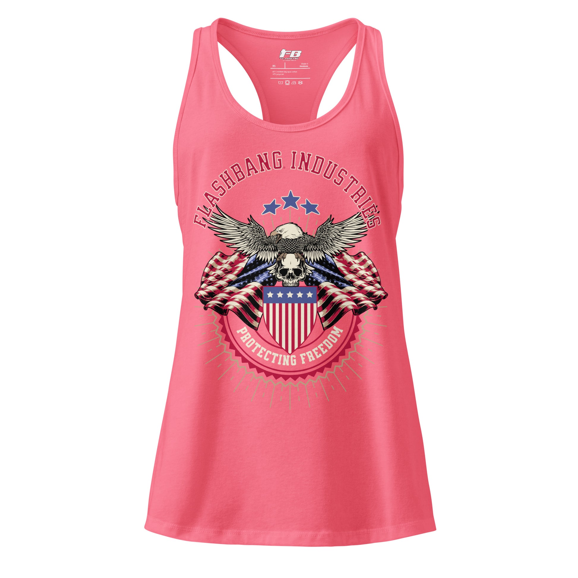 Pink tank top with eagle and flag design on a white background