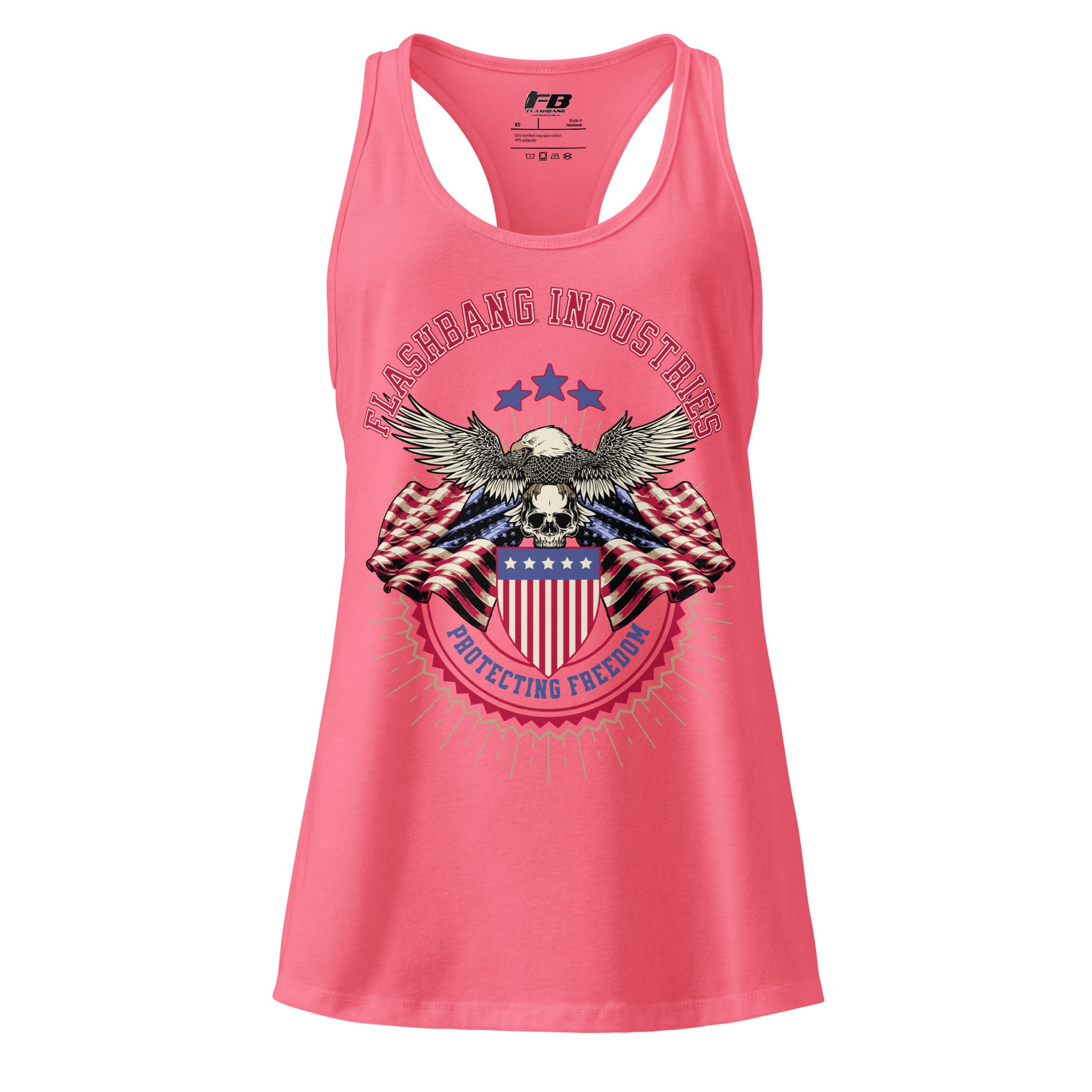 Pink tank top with graphic design and text on a white background