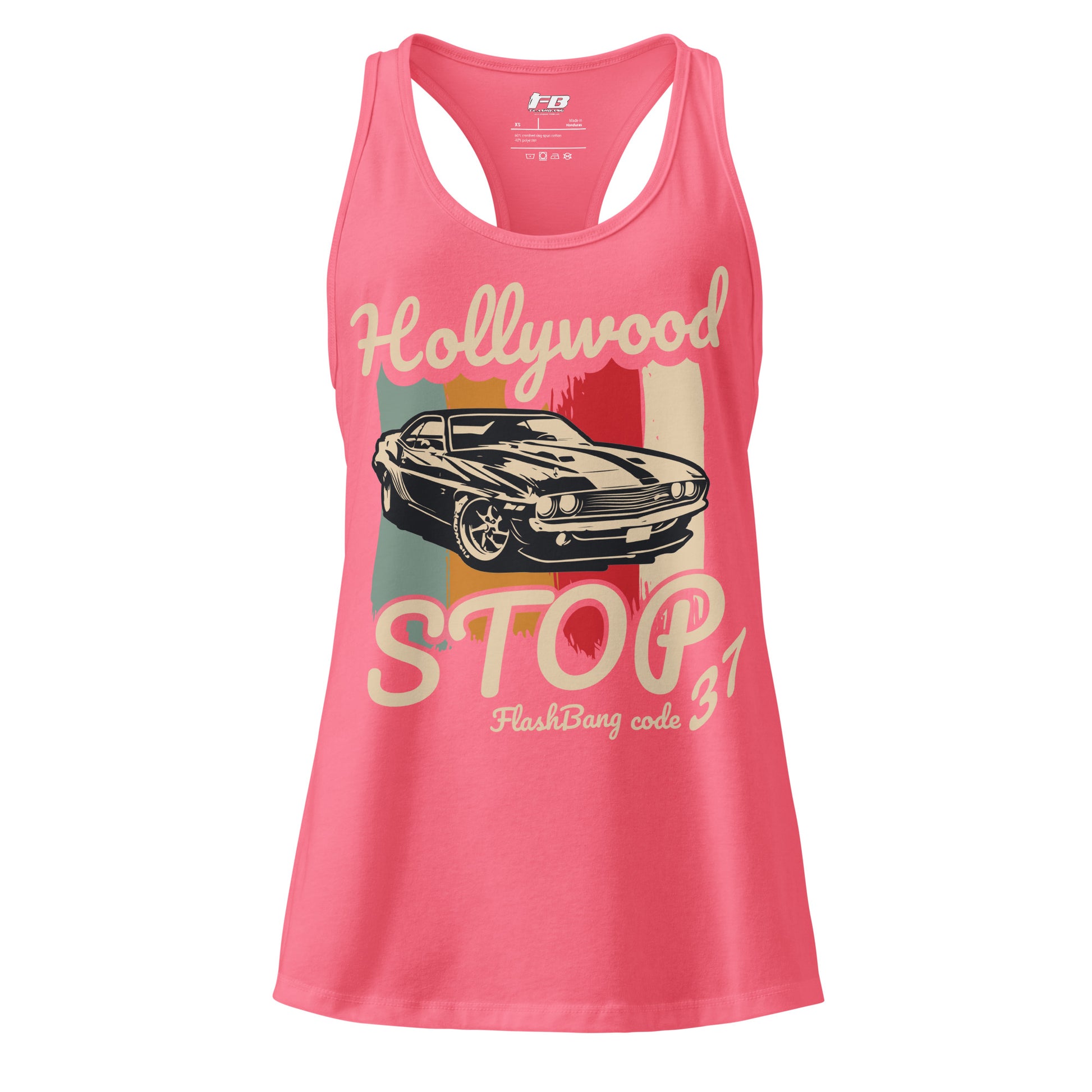 Pink tank top with vintage car graphic and text on a white background