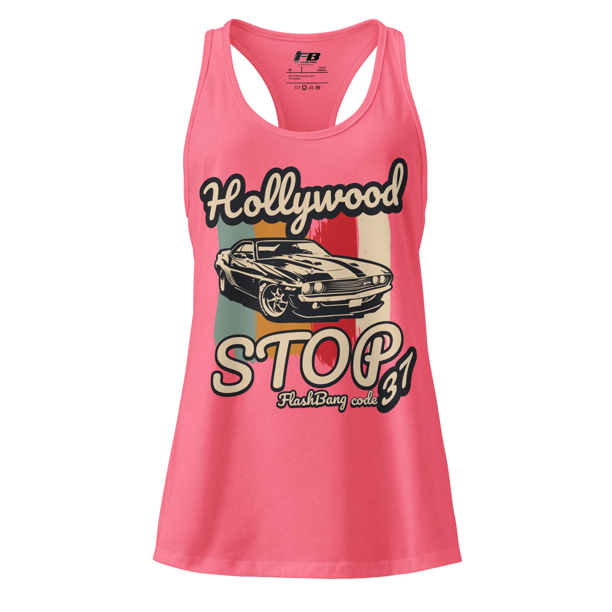 Pink tank top with vintage car graphic and text on a white background