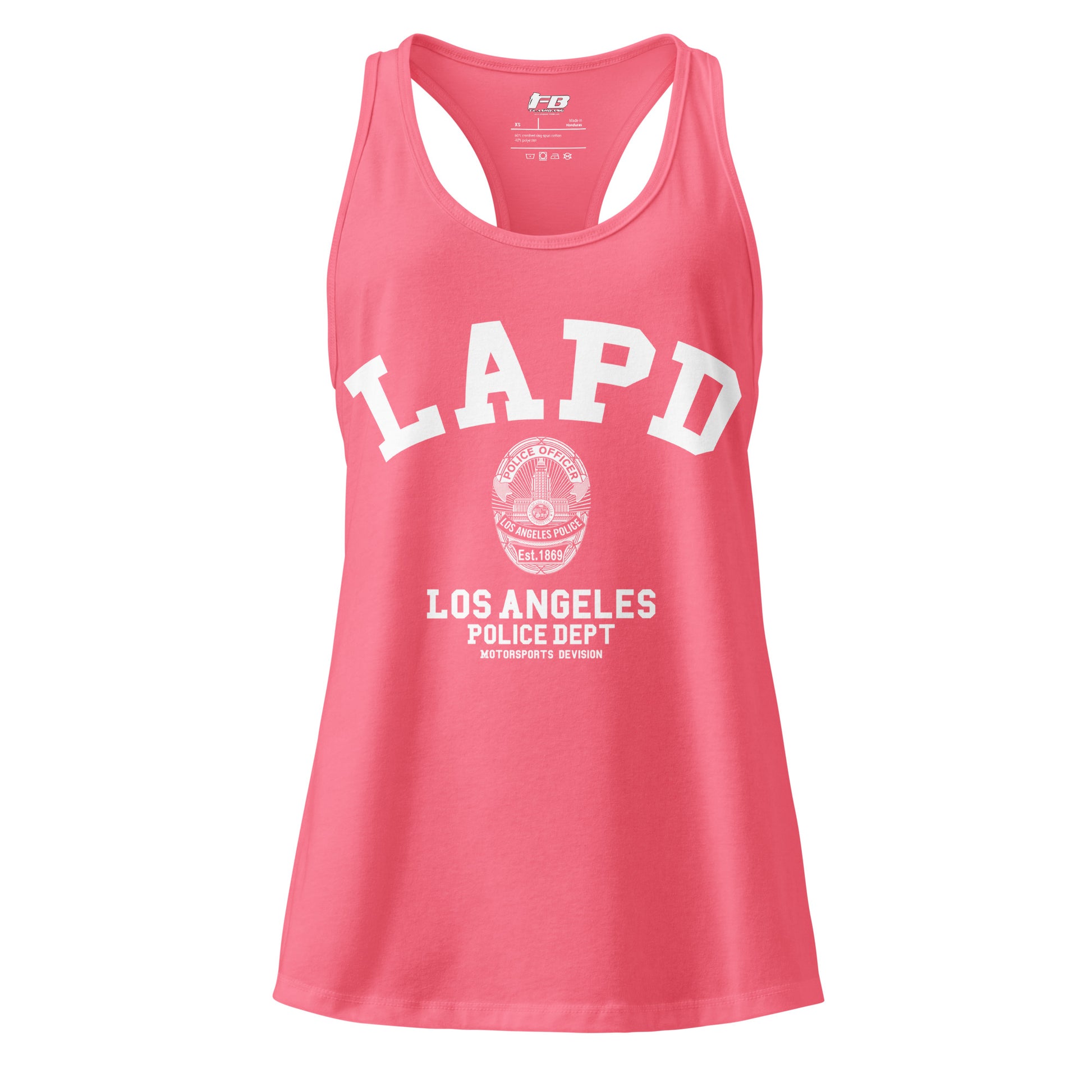 Pink tank top with LAPD Los Angeles Police Dept logo on a white background