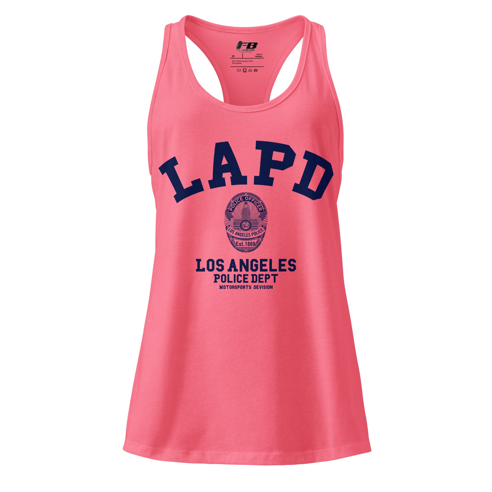 Pink tank top with LAPD Los Angeles Police Dept logo on a white background