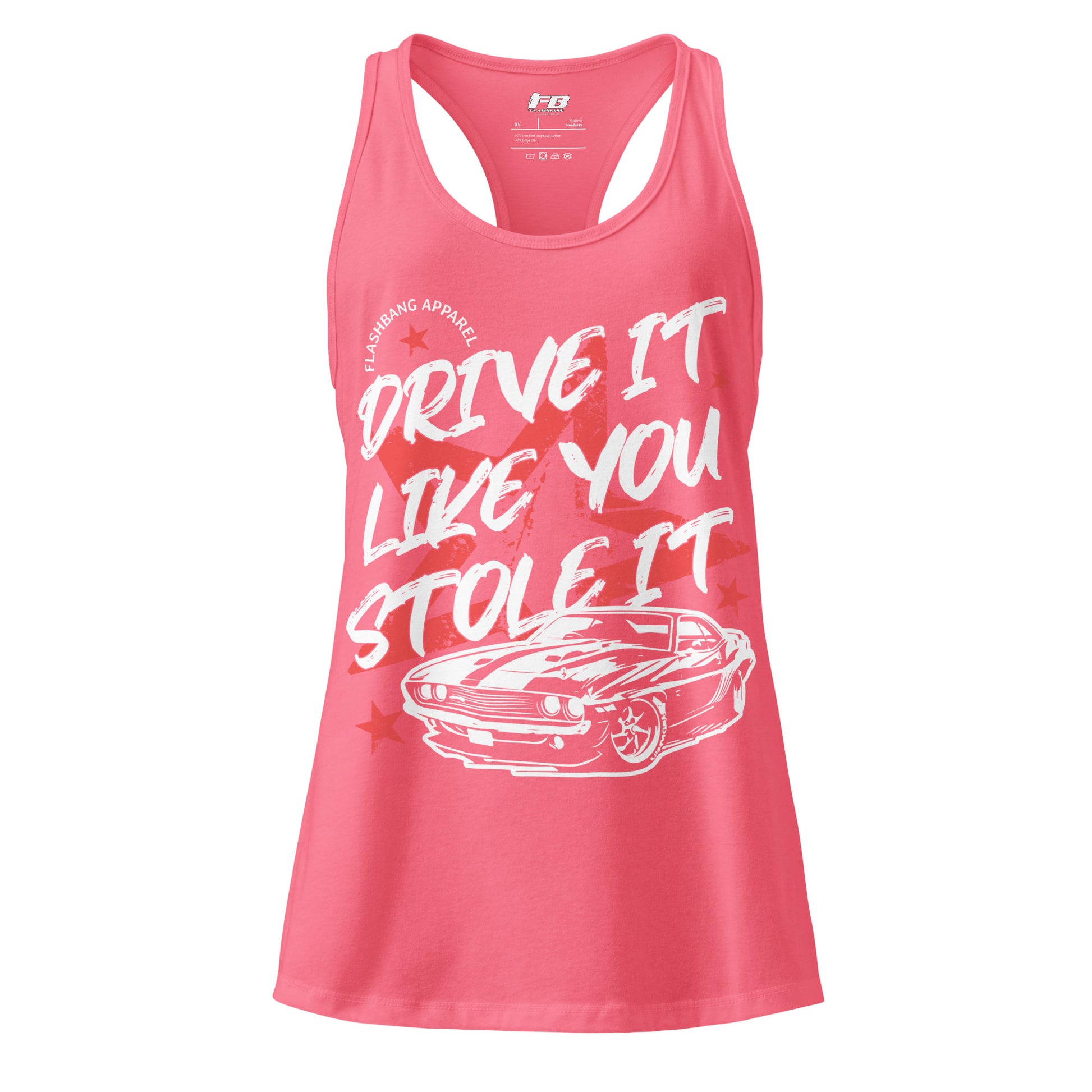 Pink tank top with white text and car graphic on a white background