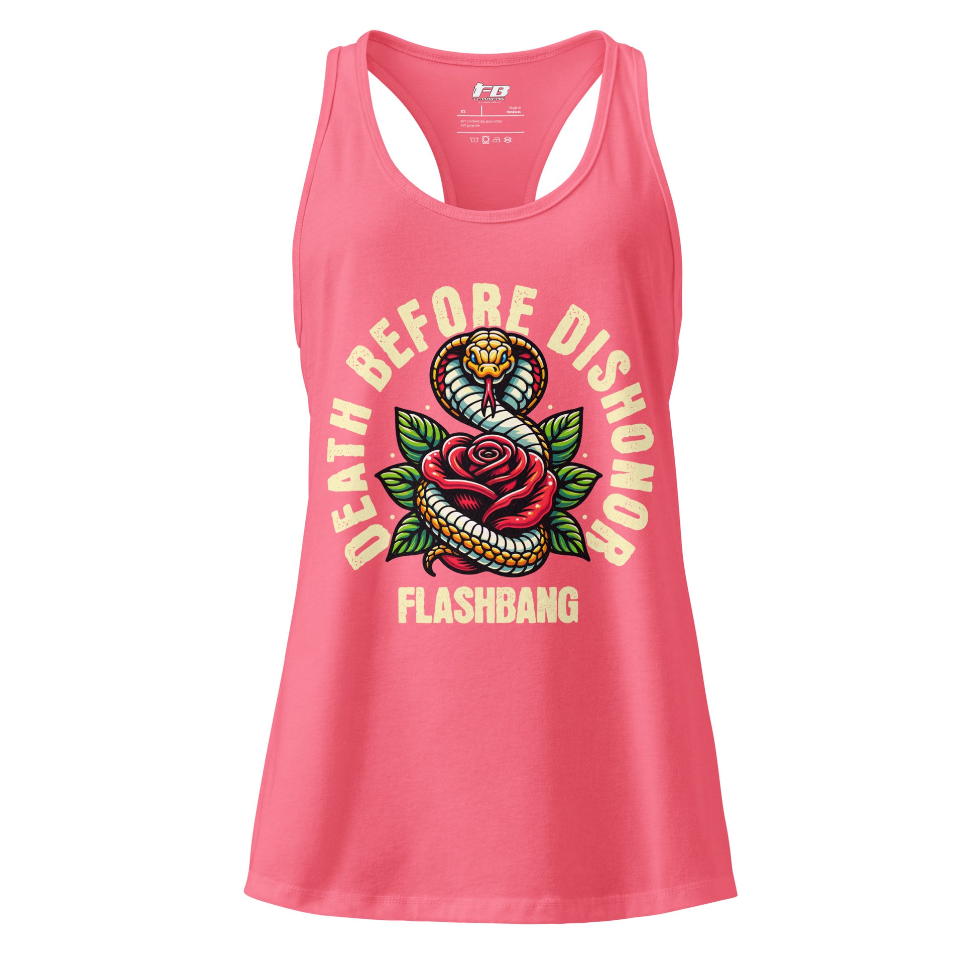 Pink tank top with snake and rose design and 'Flashbang' text on a white background