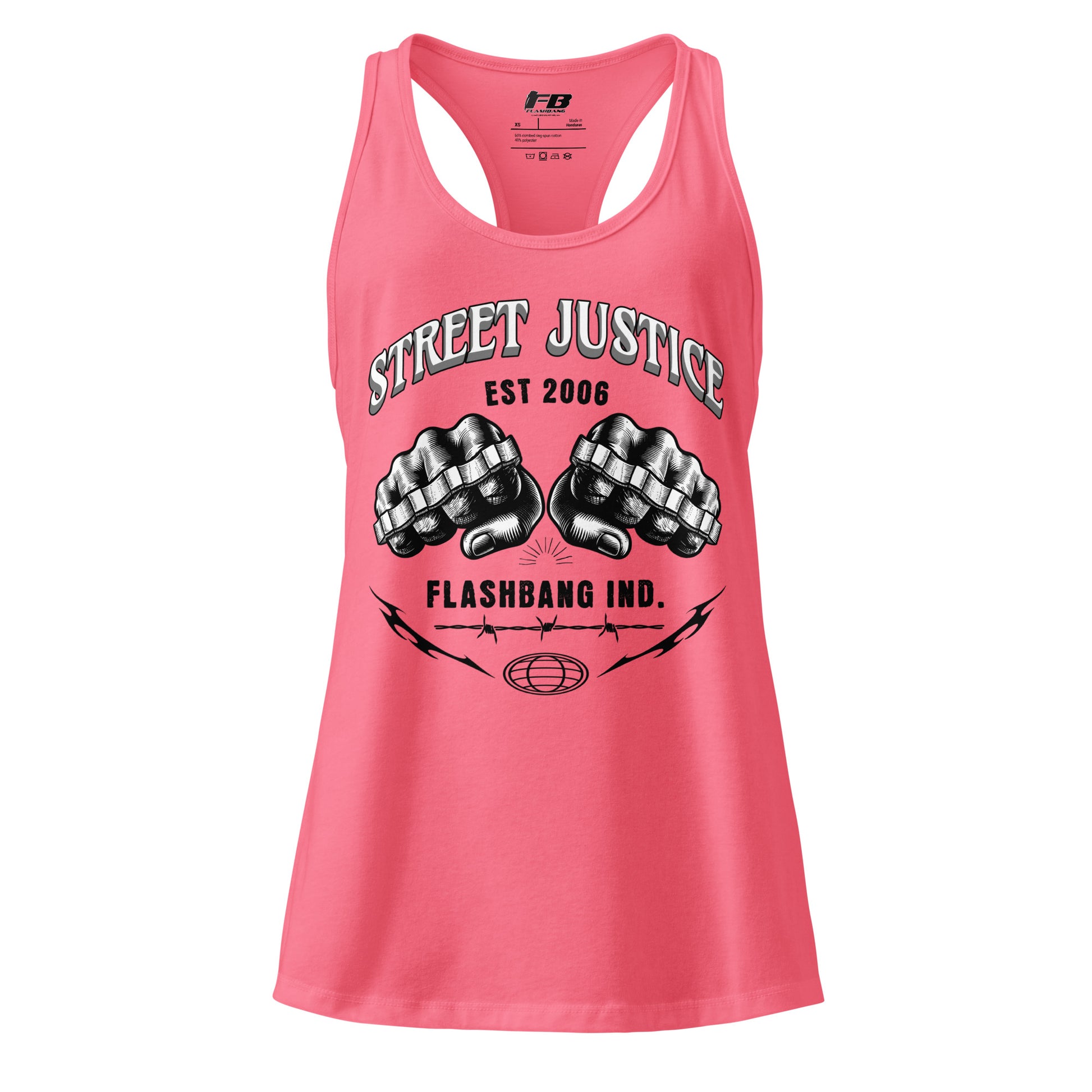 Pink tank top with 'Street Justice' and 'Flashbang Ind.' text on a white background