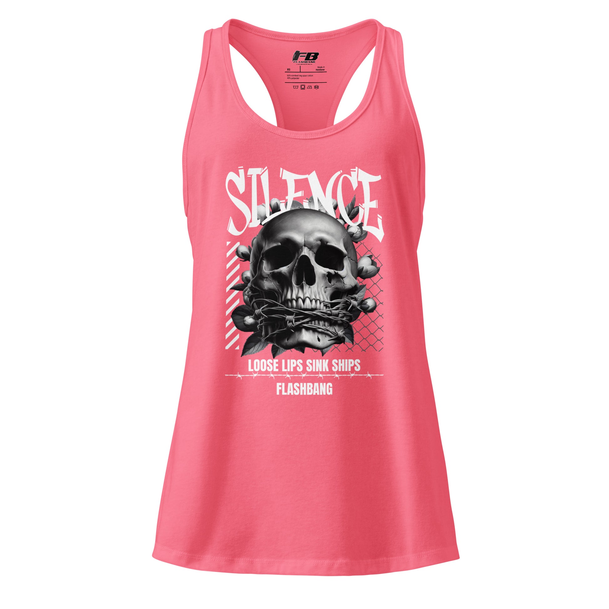 Pink tank top with skull graphic and text on a white background
