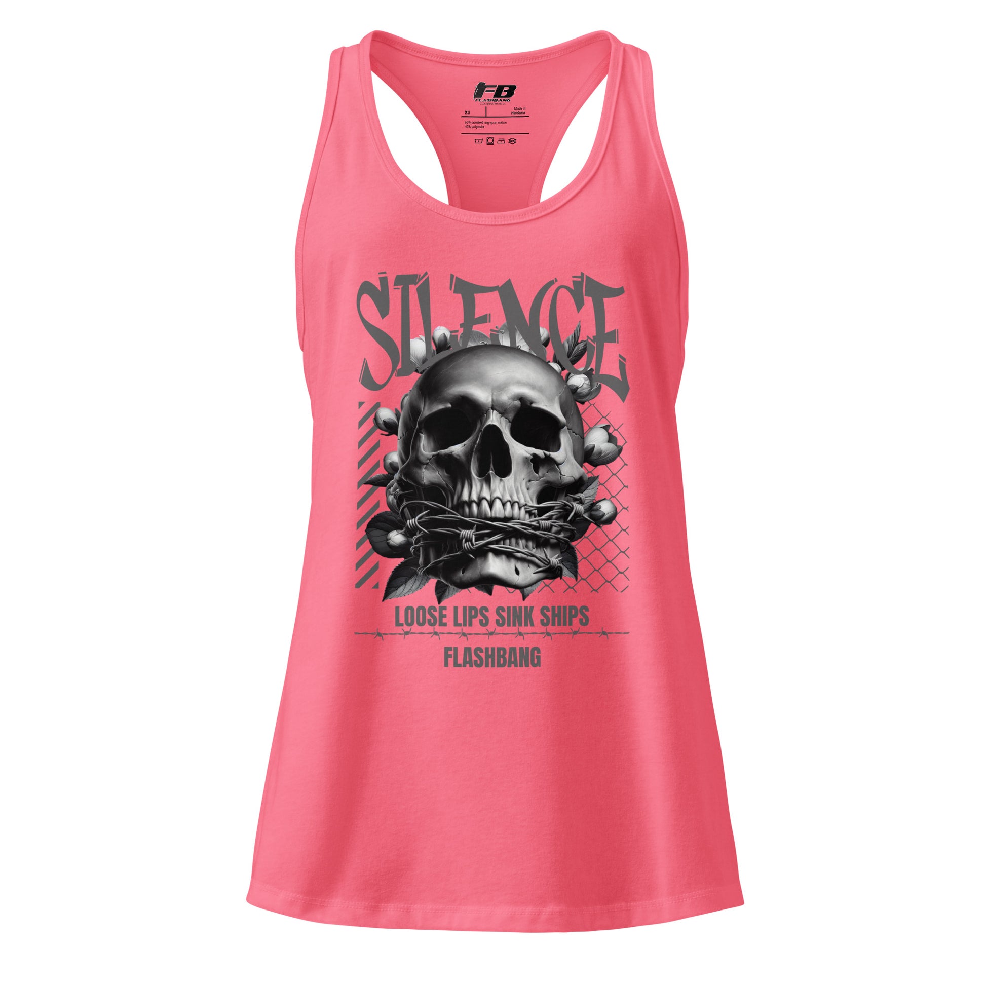 Pink tank top with a skull design and text on a white background
