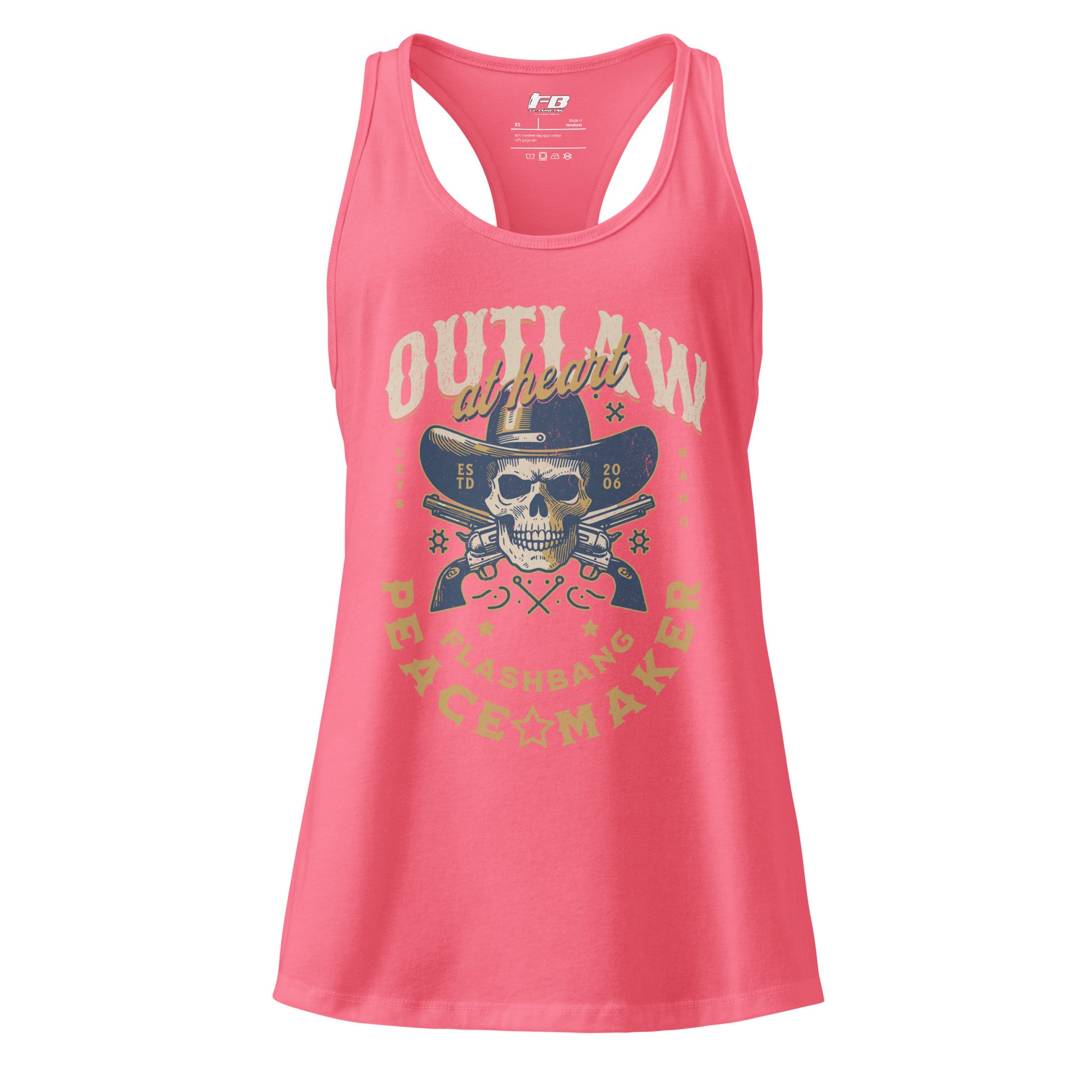 Pink tank top with graphic design and text on a white background