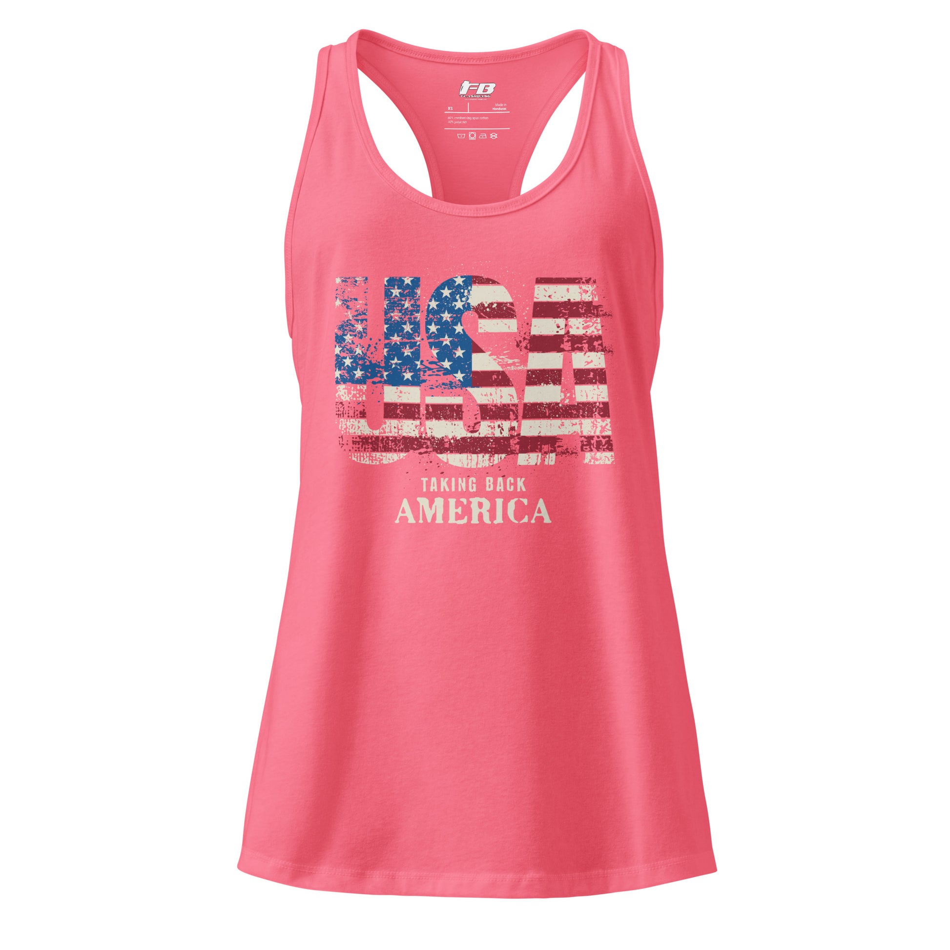 Pink tank top with American flag design and text on a white background